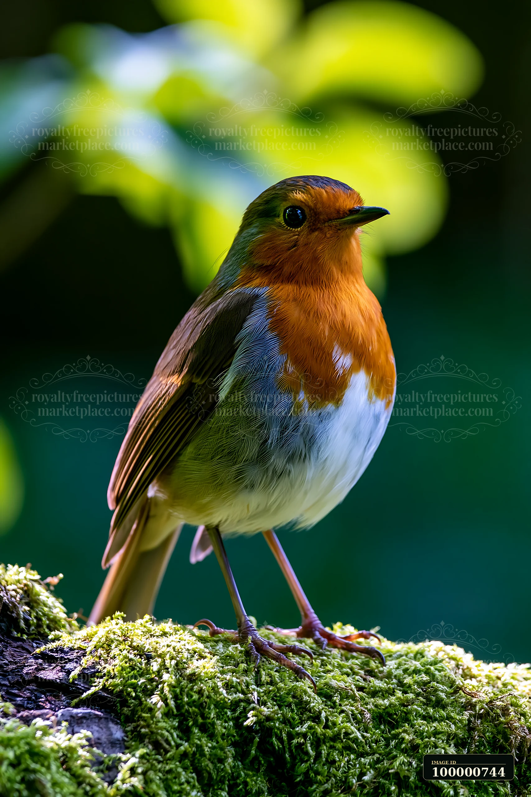 A bird stands on a mossy log in a shaded meadow in woodland clearing.
