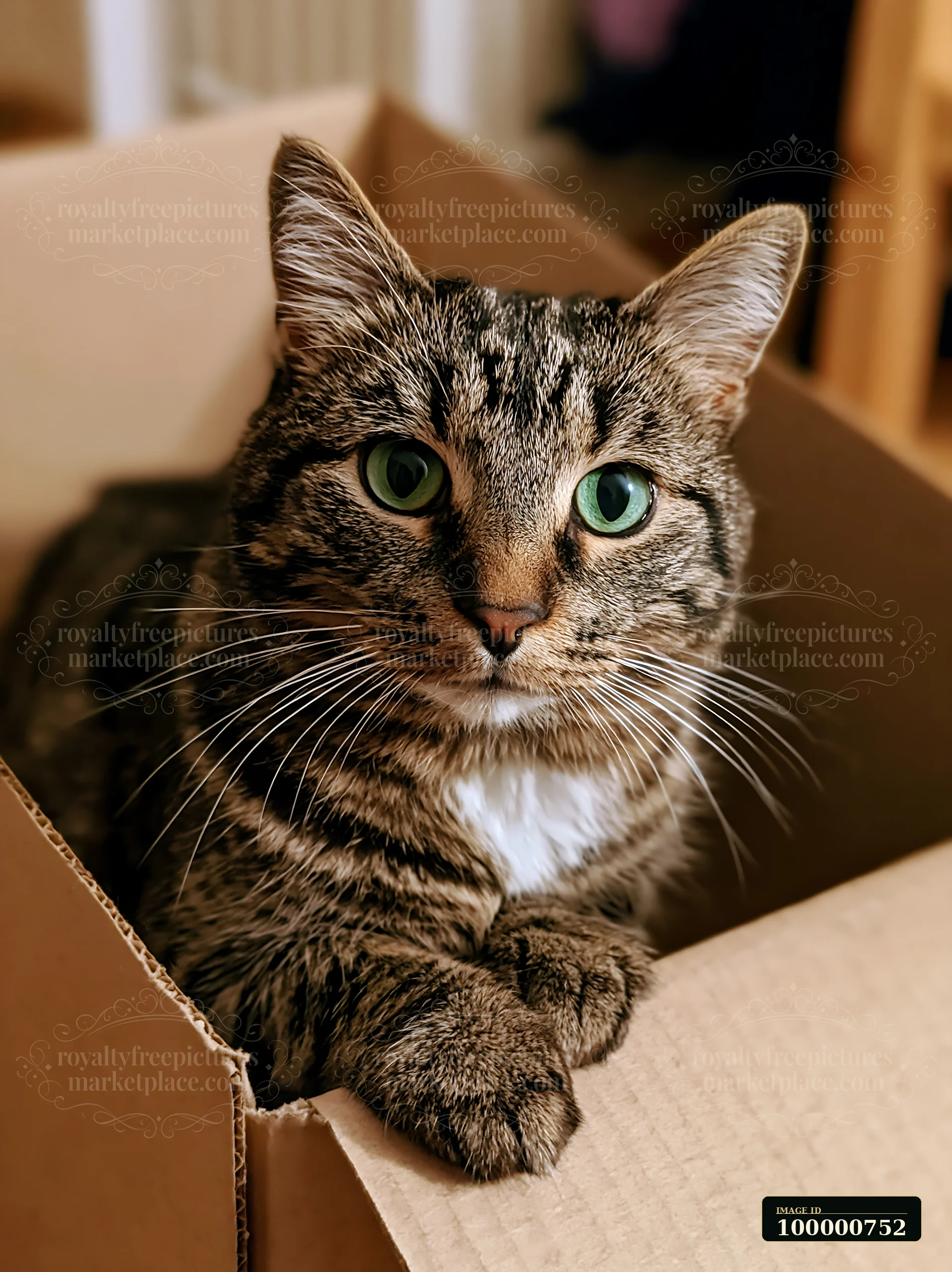 A domestic cat with distinctive stripes and bright green eyes is resting comfortably inside a cardboard box.