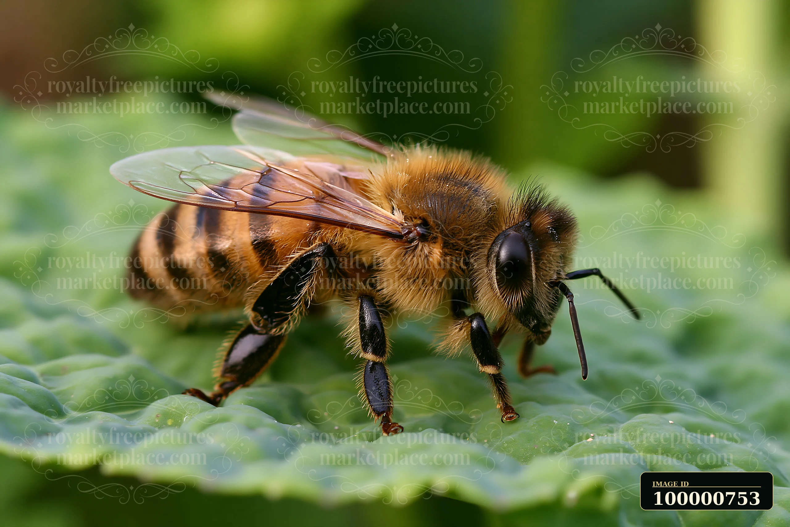 A honey bee resting on a green leaf captures the attention with its detailed features.