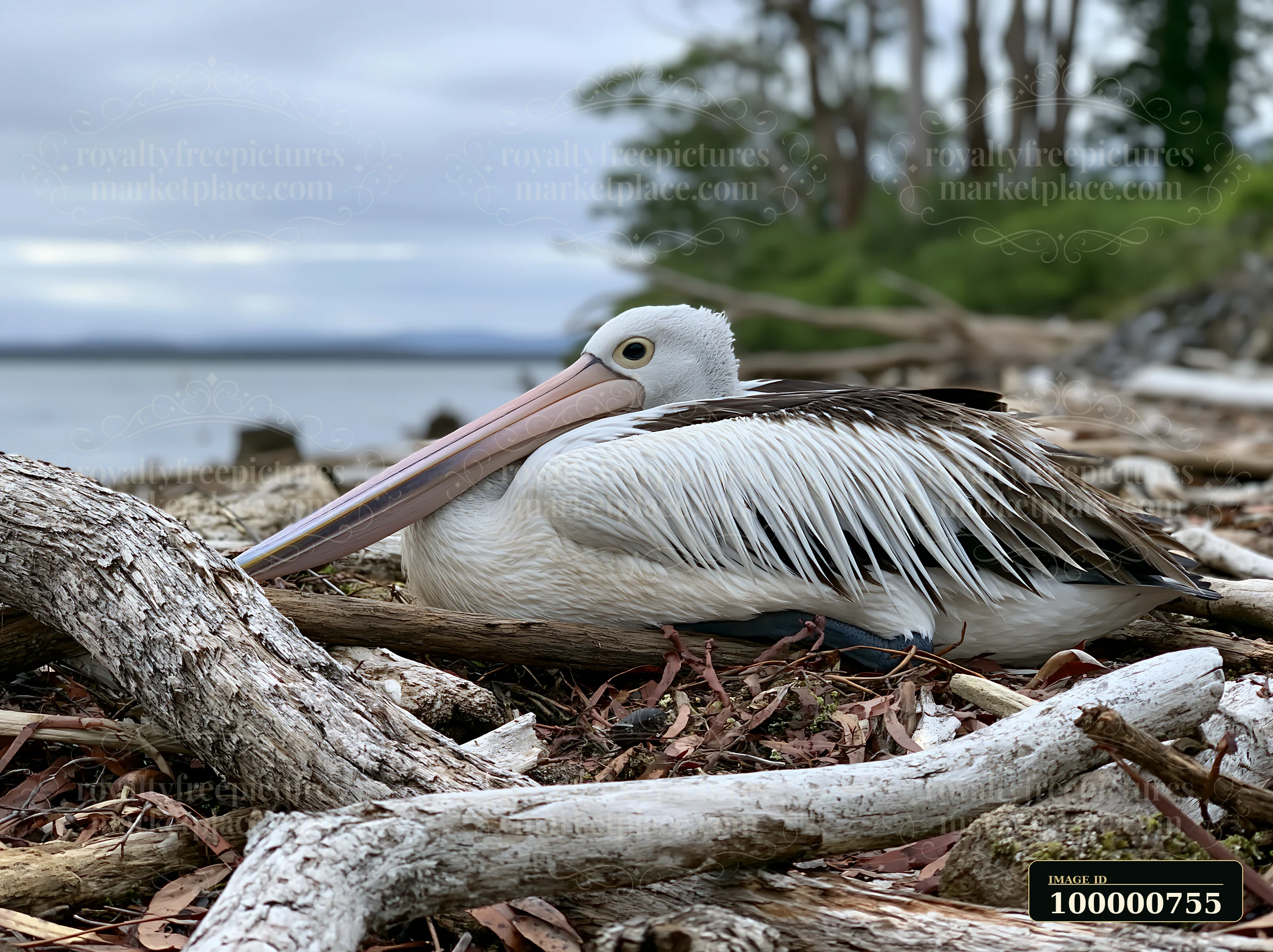 An Australian pelican on coastal lagoon sits on a bed of branches and leaves near water.