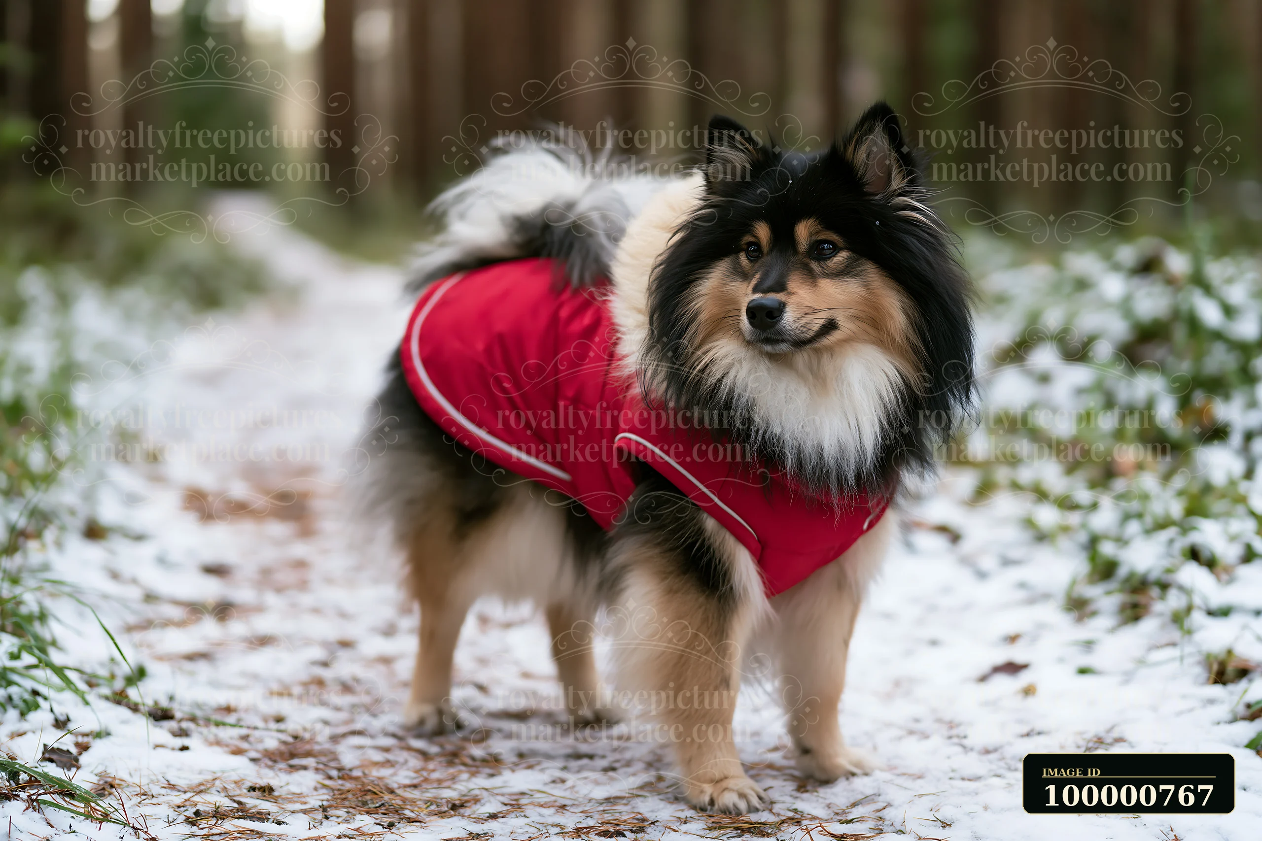 A rare dog breed wearing a winter coat stands on a snow-covered path in a forest.