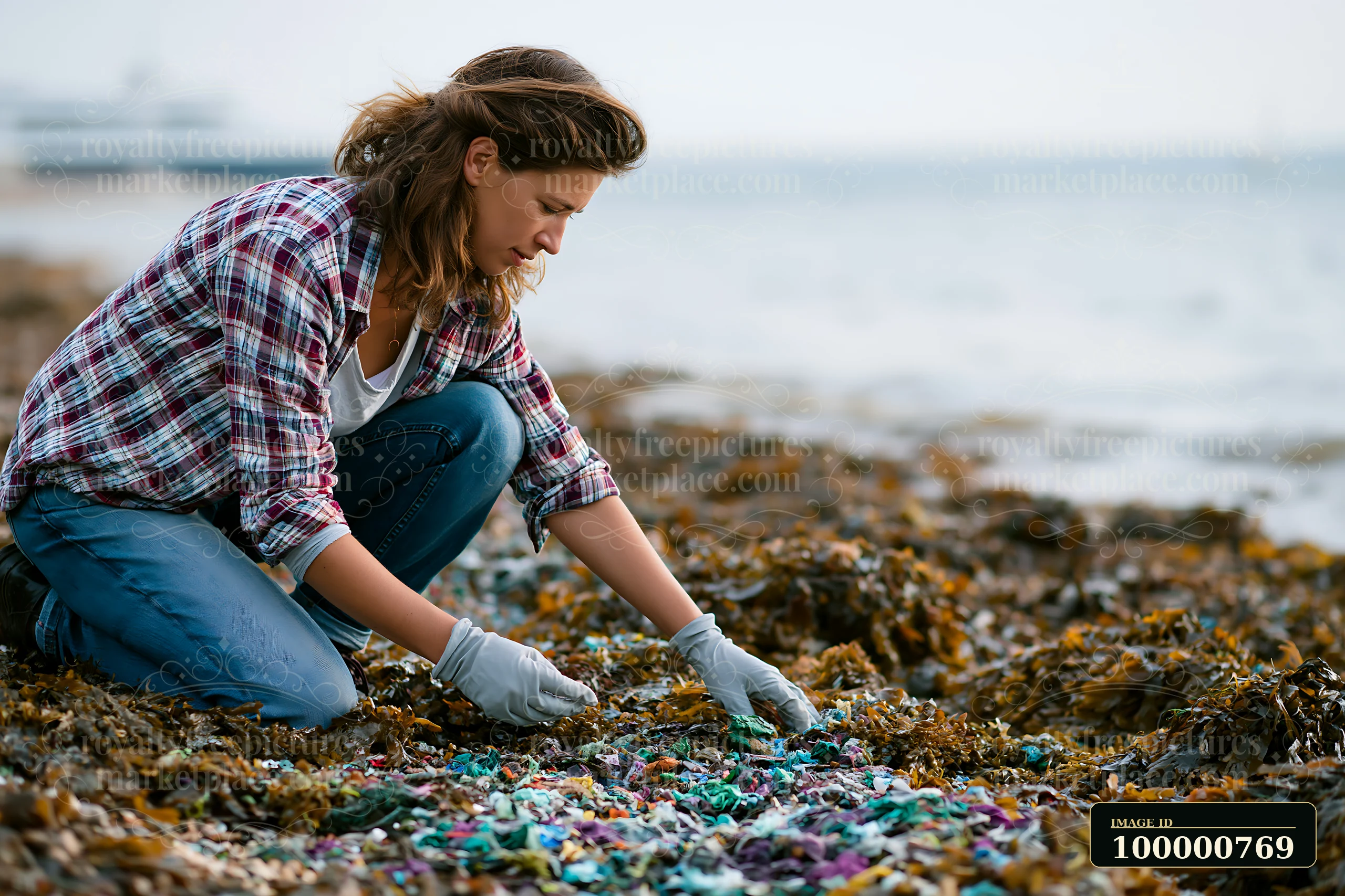 A woman kneels on the shoreline collecting plastic waste from the sand among seaweed.