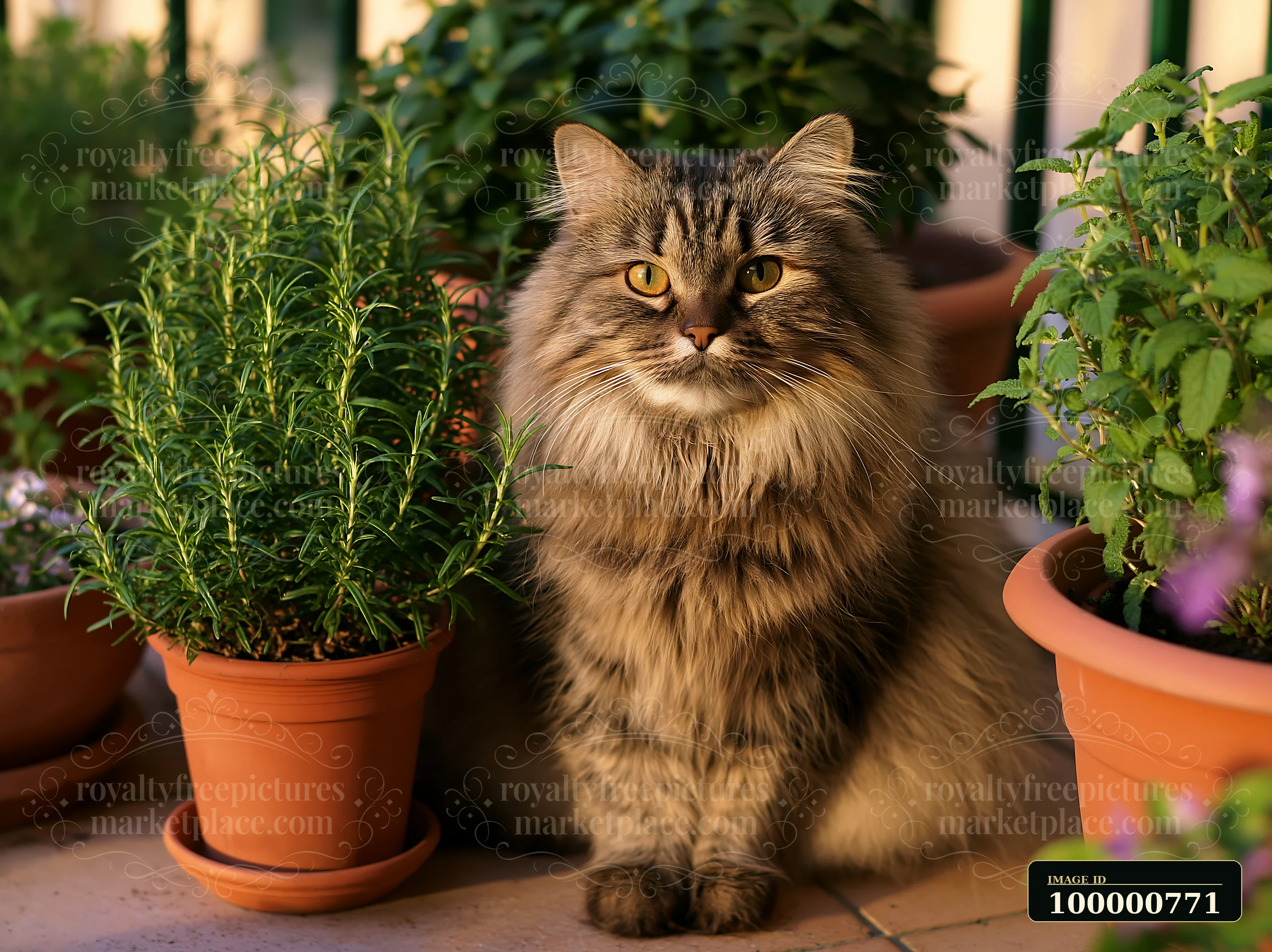 A fluffy Asian Semi-longhair cat sits calmly surrounded by potted plants on a balcony.