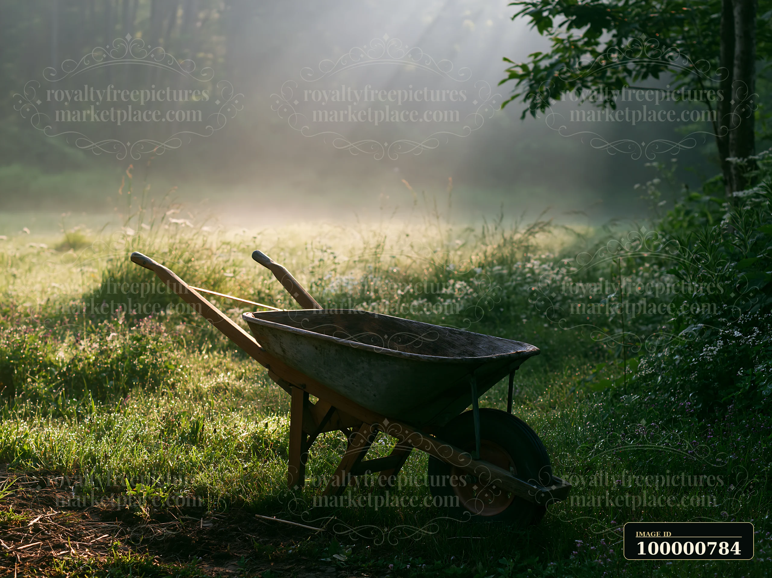 A rare dog breed photographed from above stands near a wheelbarrow in a misty meadow.
