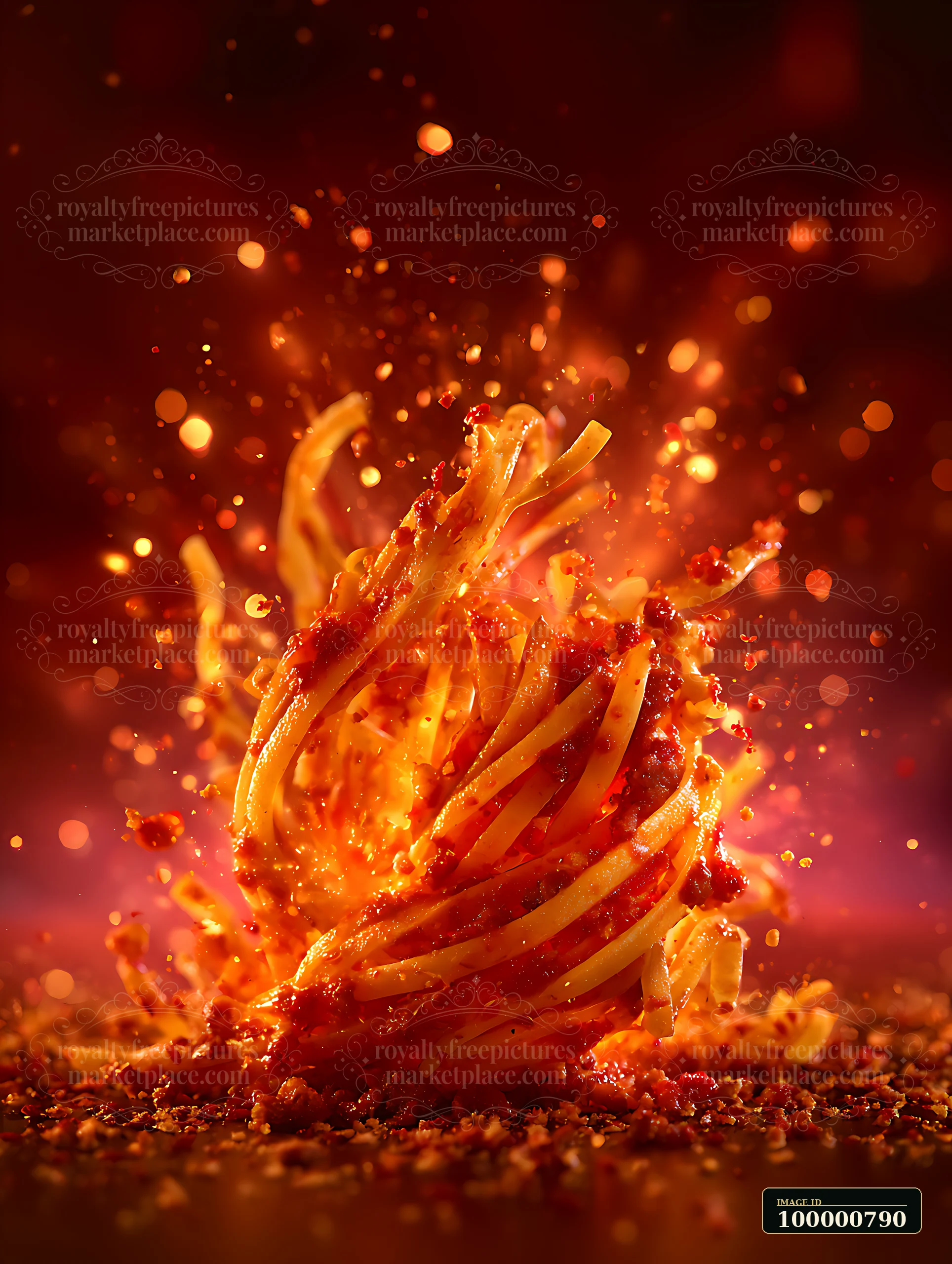 Spaghetti is caught mid-splash with sauce and spices surrounding it.