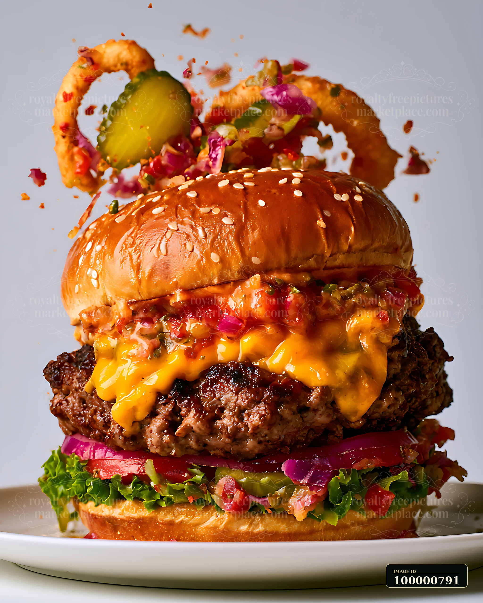 A large cheeseburger sits on a plate with lettuce, onions, and pickles.
