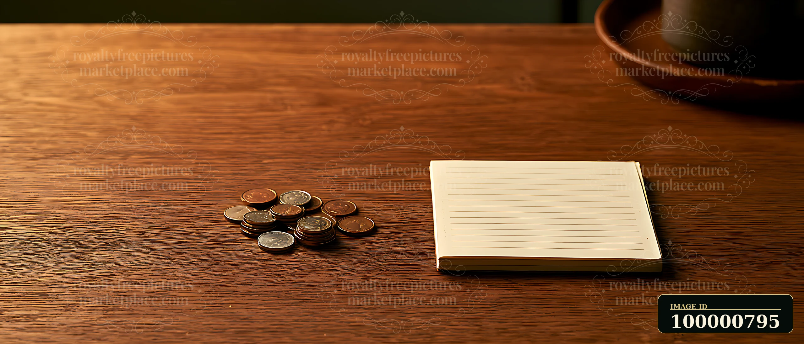A collection of coins is placed beside a blank notepad on a wooden table.