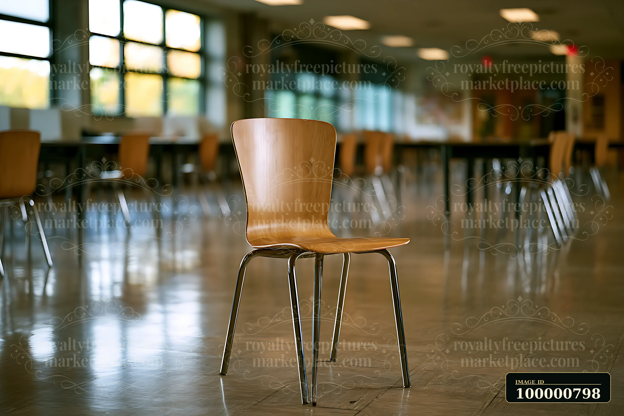 A wooden chair stands alone in a spacious classroom filled with tables under bright lights.