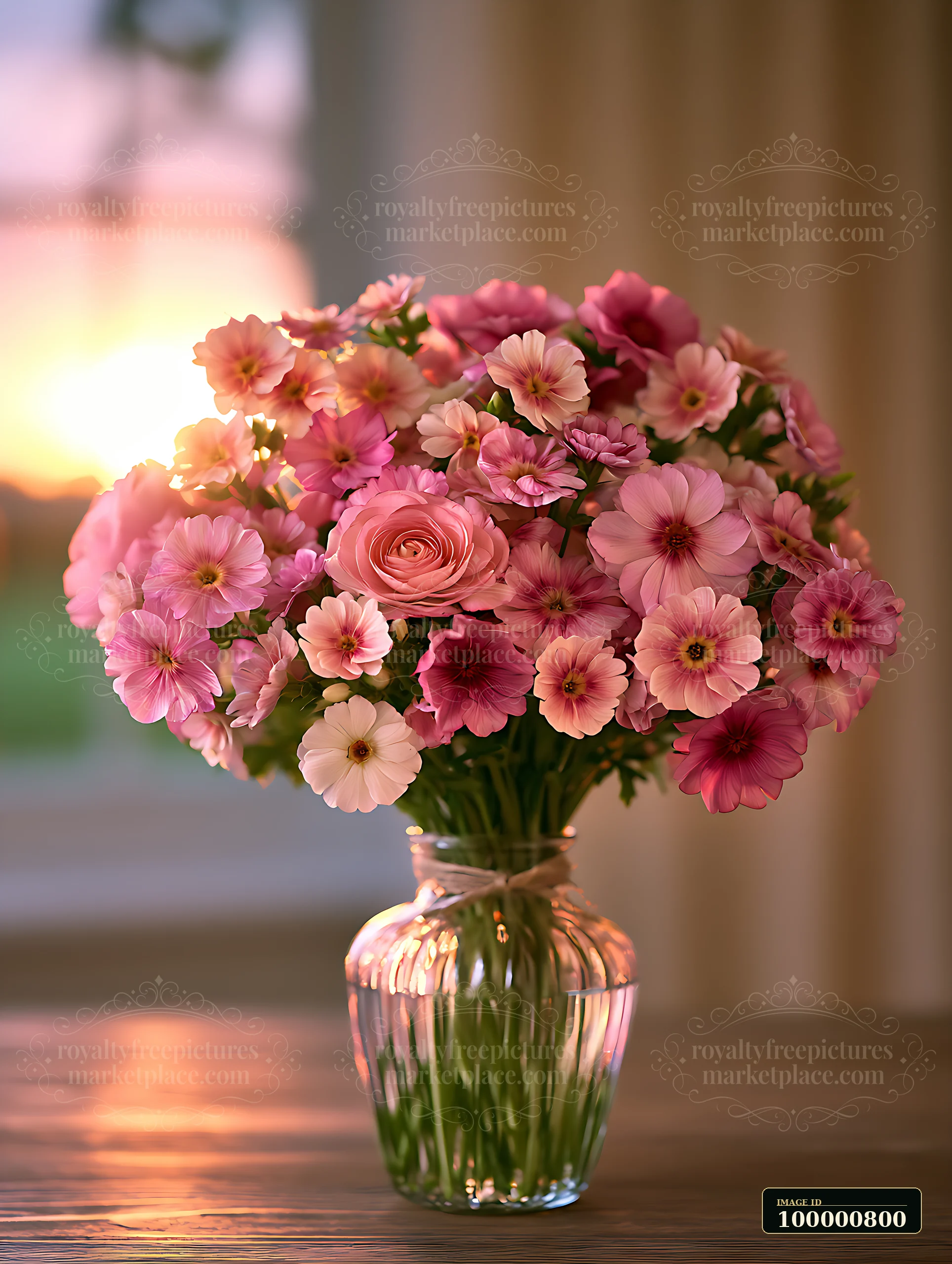 A bouquet of colorful flowers fills a glass vase on a wooden table with soft sunlight shining through a nearby window.