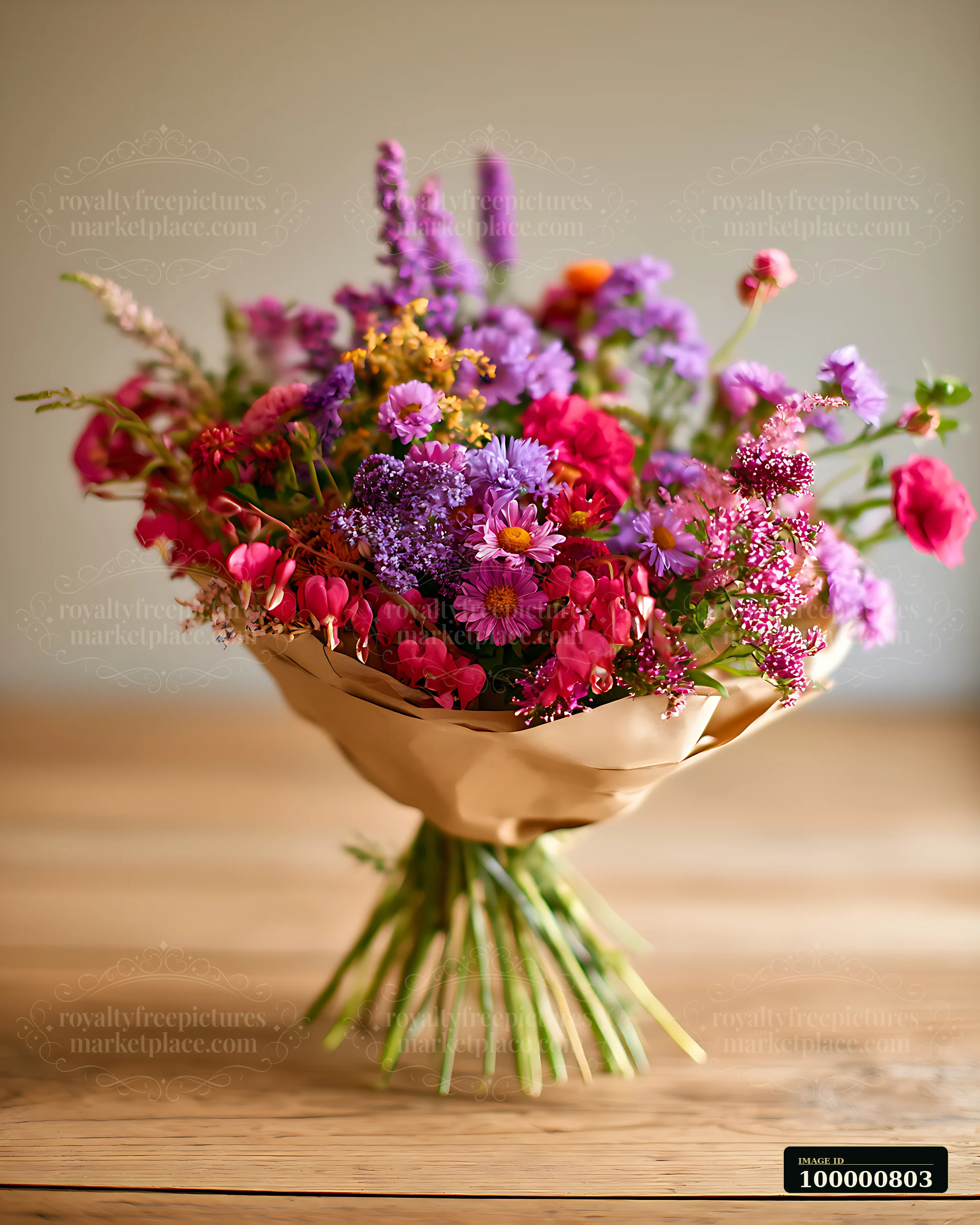 The bouquet features a variety of vibrant flowers, wrapped in brown paper and placed on a wooden table, showcasing colors like purple, pink, and red.