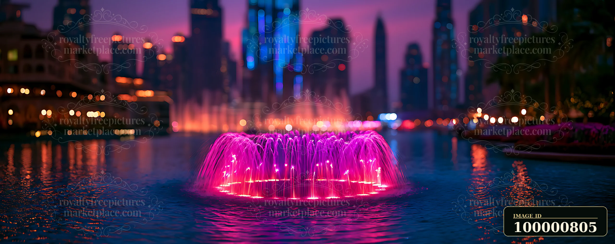 A fountain shoots water in various colors against a backdrop of tall buildings.