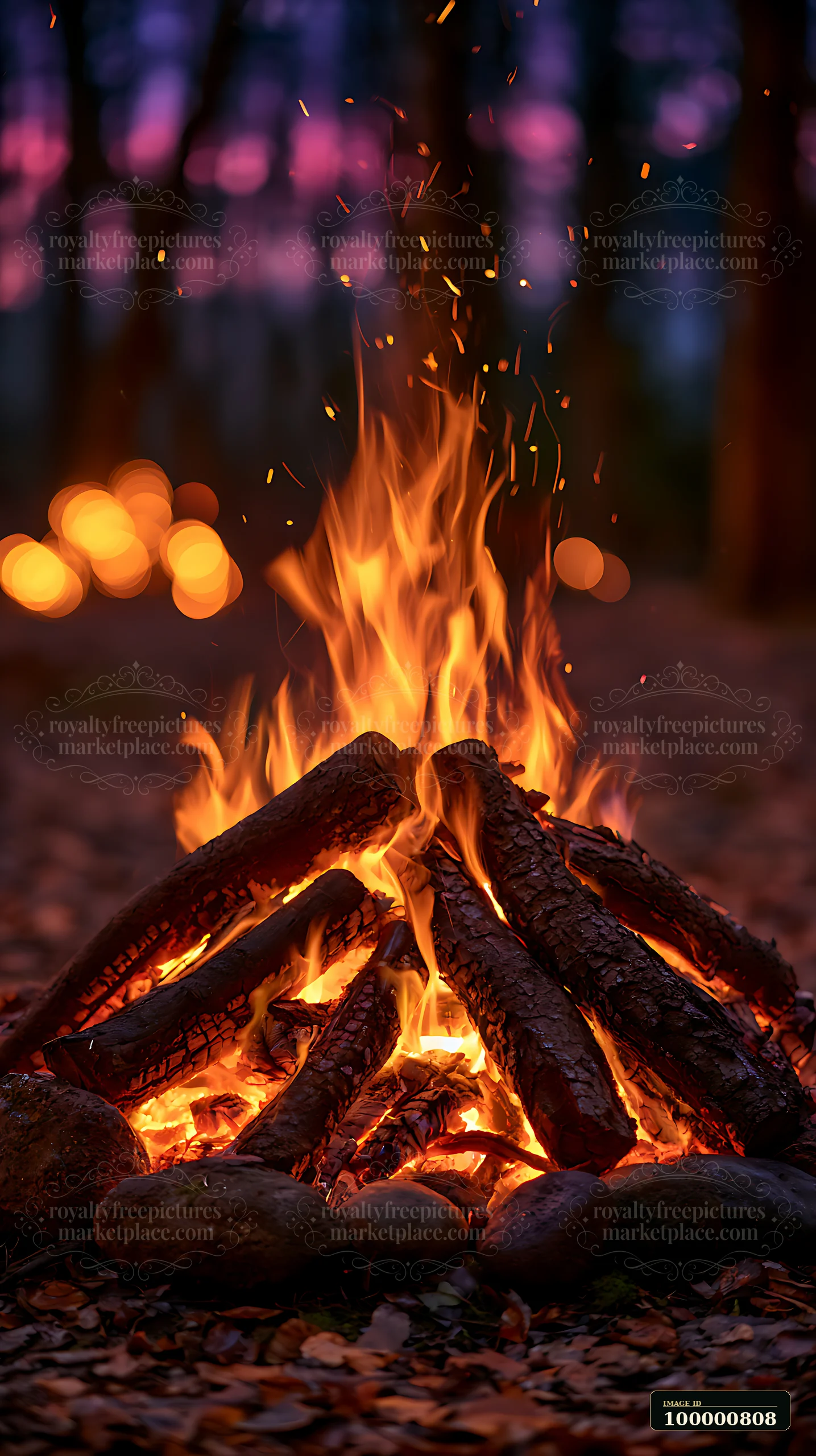 A campfire burns brightly at a campsite, surrounded by logs.