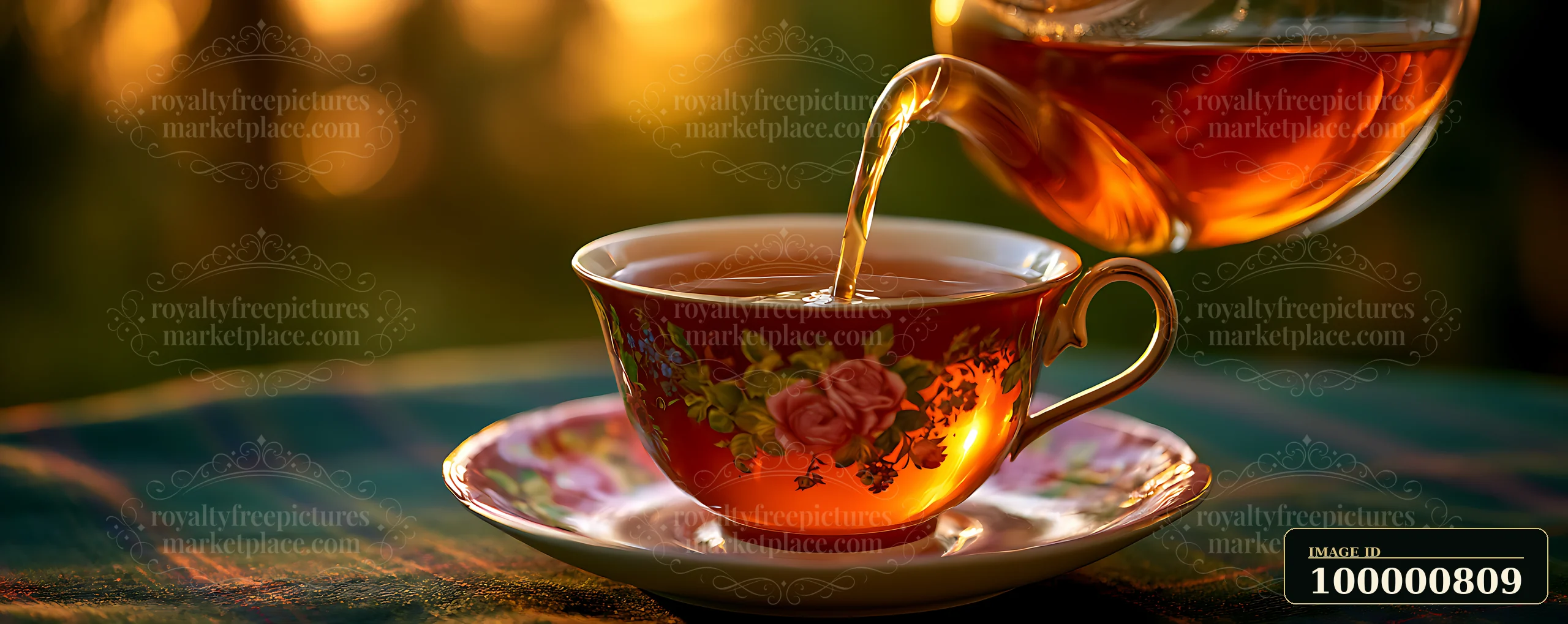 Hot tea is poured from a glass teapot into a floral patterned cup placed on a small plate.