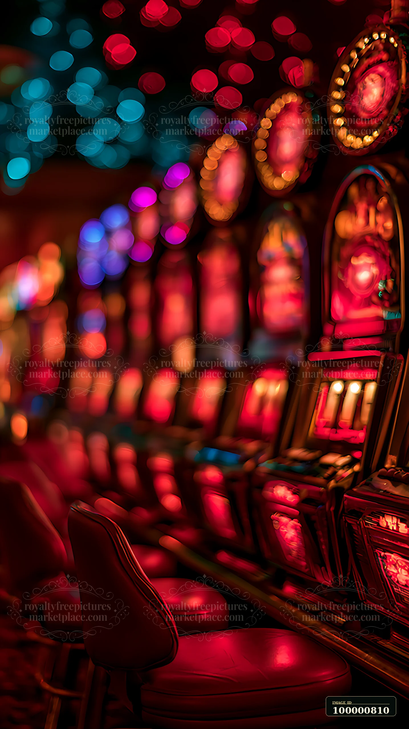 Colorful slot machines line a casino floor, illuminated with vibrant lights.