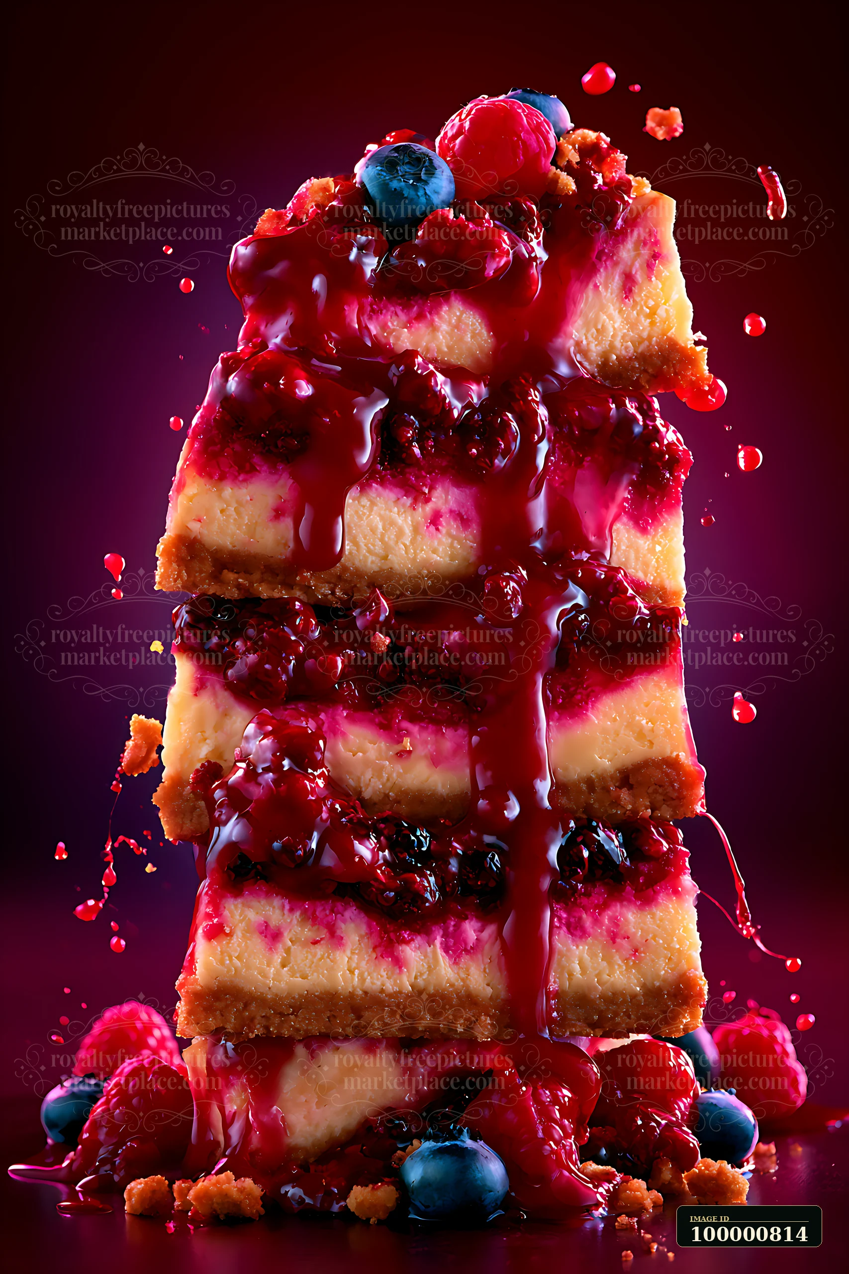 A dessert features stacked layers of cheesecake topped with berry sauce and fresh raspberries and blueberries.
