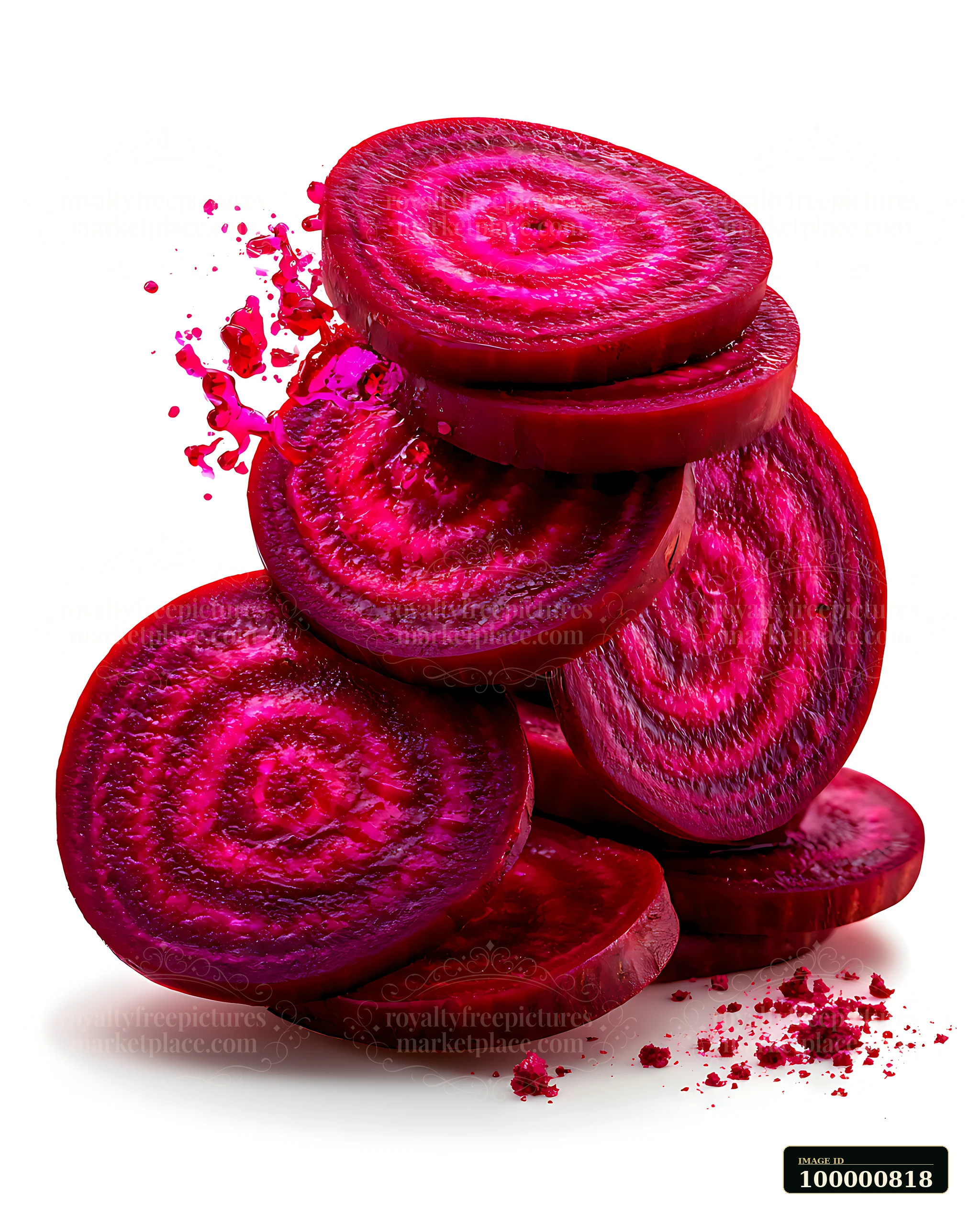 Sliced red beets are stacked on a white surface with scattered beet juice around them.
