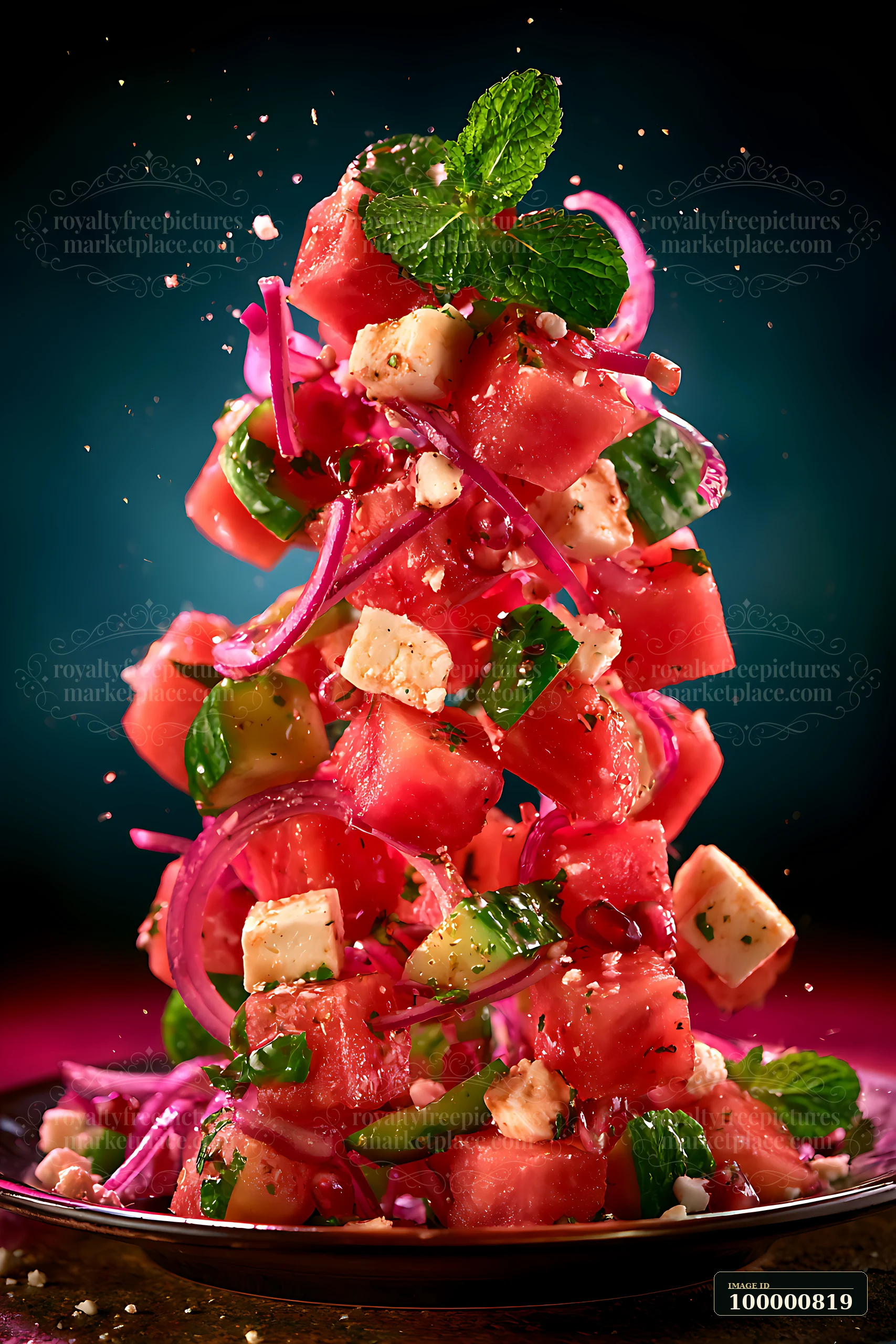 A colorful watermelon salad combines pieces of watermelon, mint leaves, onion, and cheese, creating a fresh stack on a dark background.