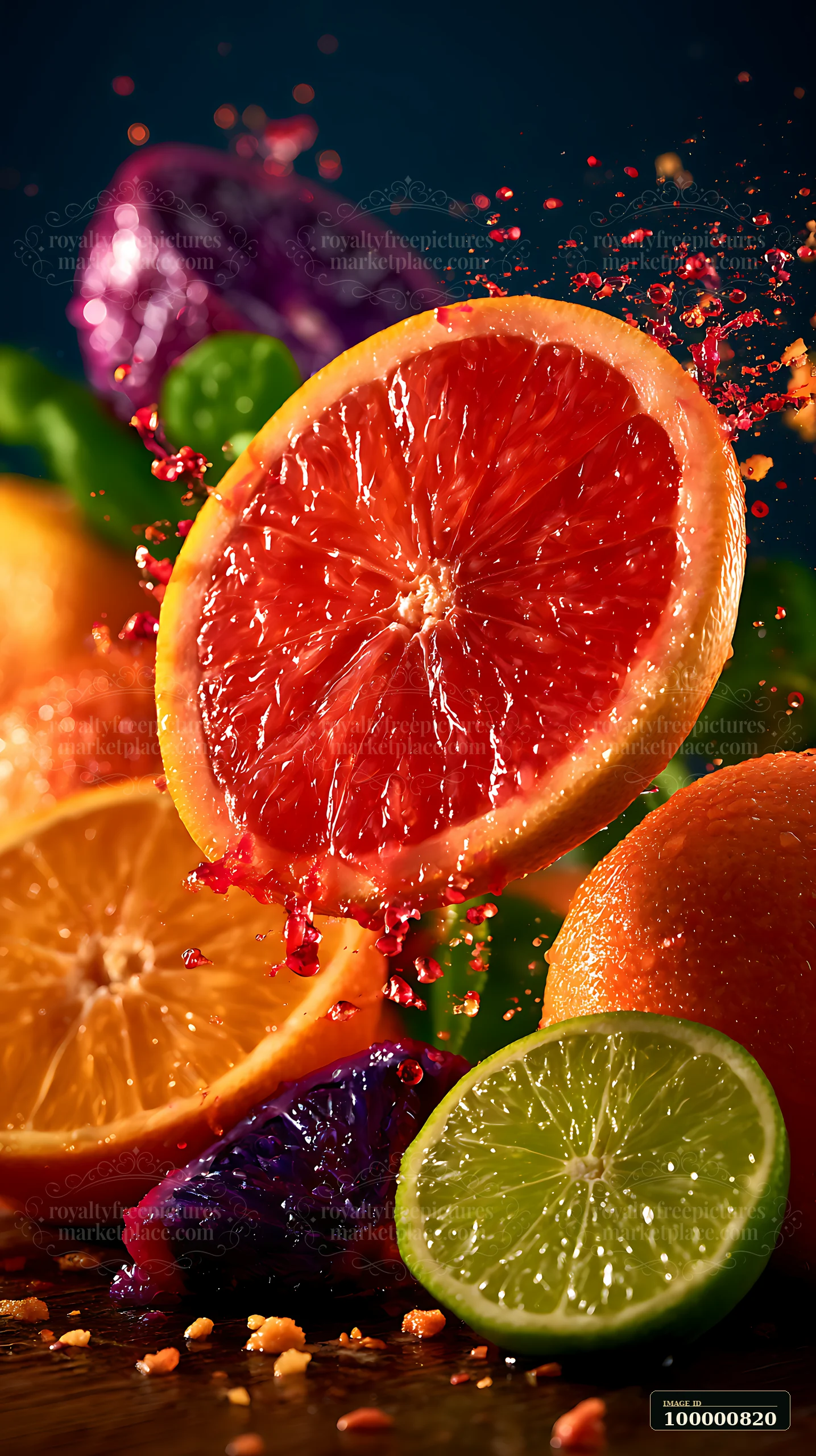 A variety of citrus fruits including orange, lemon, and grapefruit are splashing in mid-air.