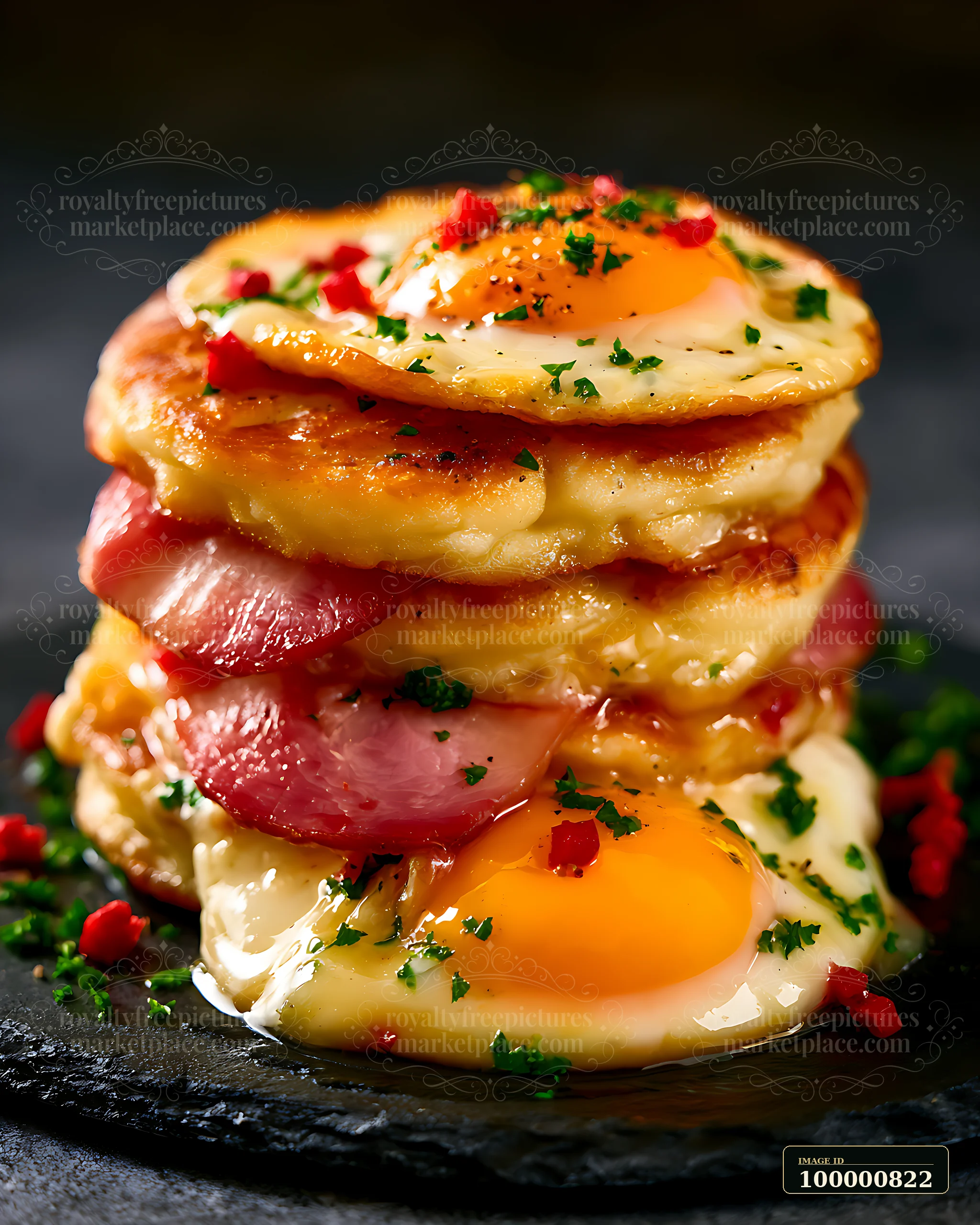 A stack of golden pancakes is layered with slices of ham and topped with fried eggs.