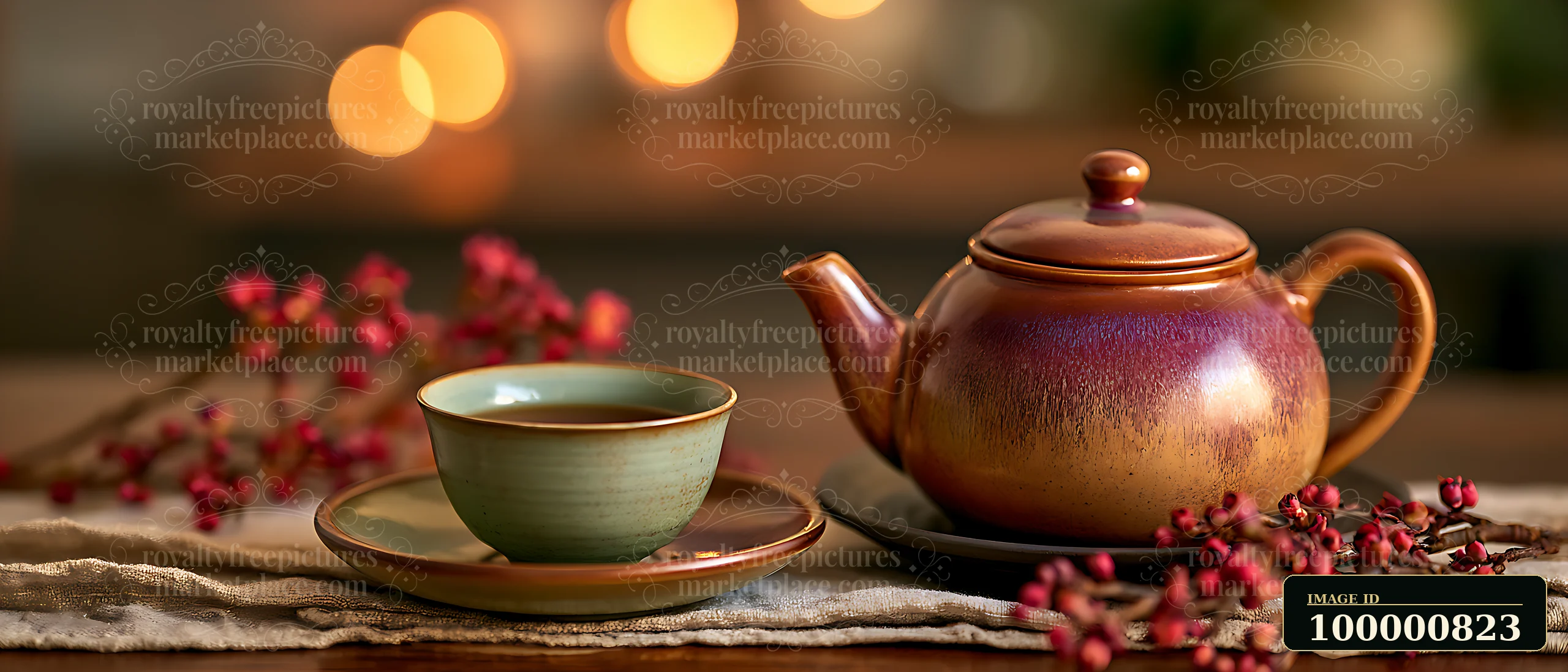 A ceramic teapot sits next to a matching cup on a wooden table.