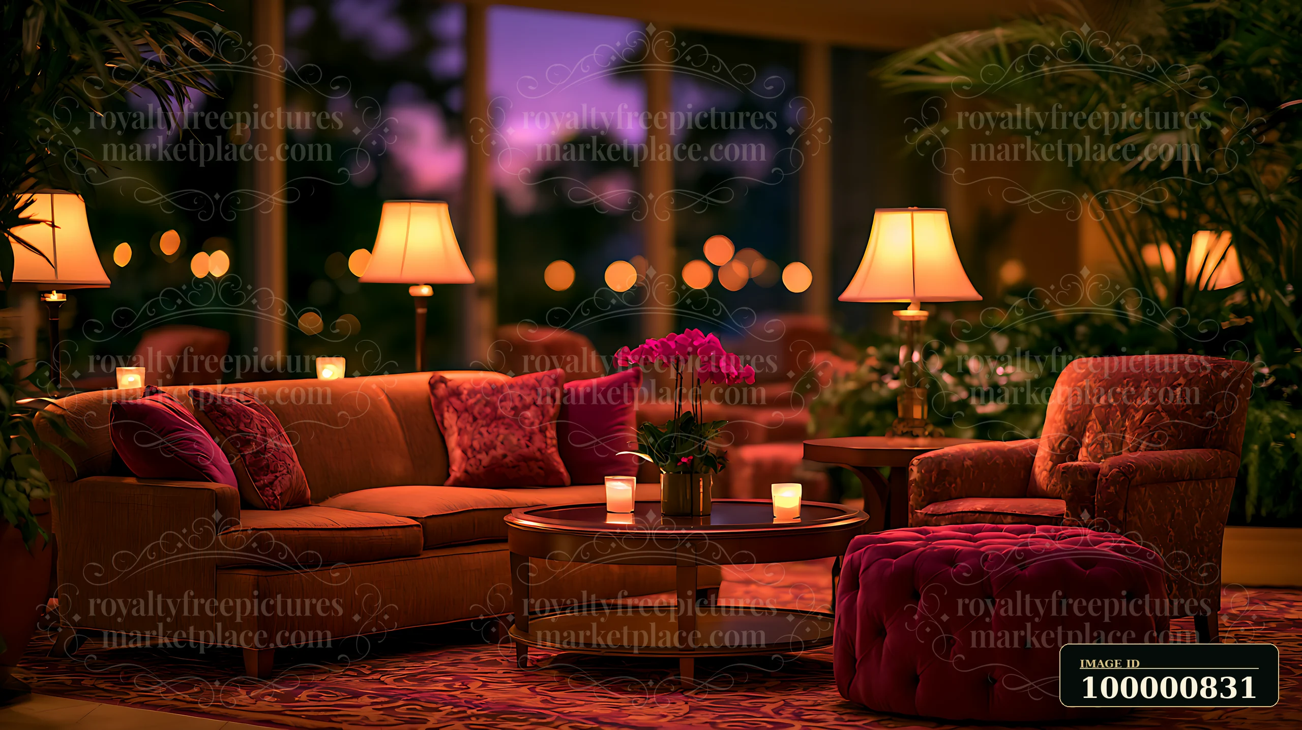 The lounge features comfortable seating, decorative plants, and soft lighting from lamps.