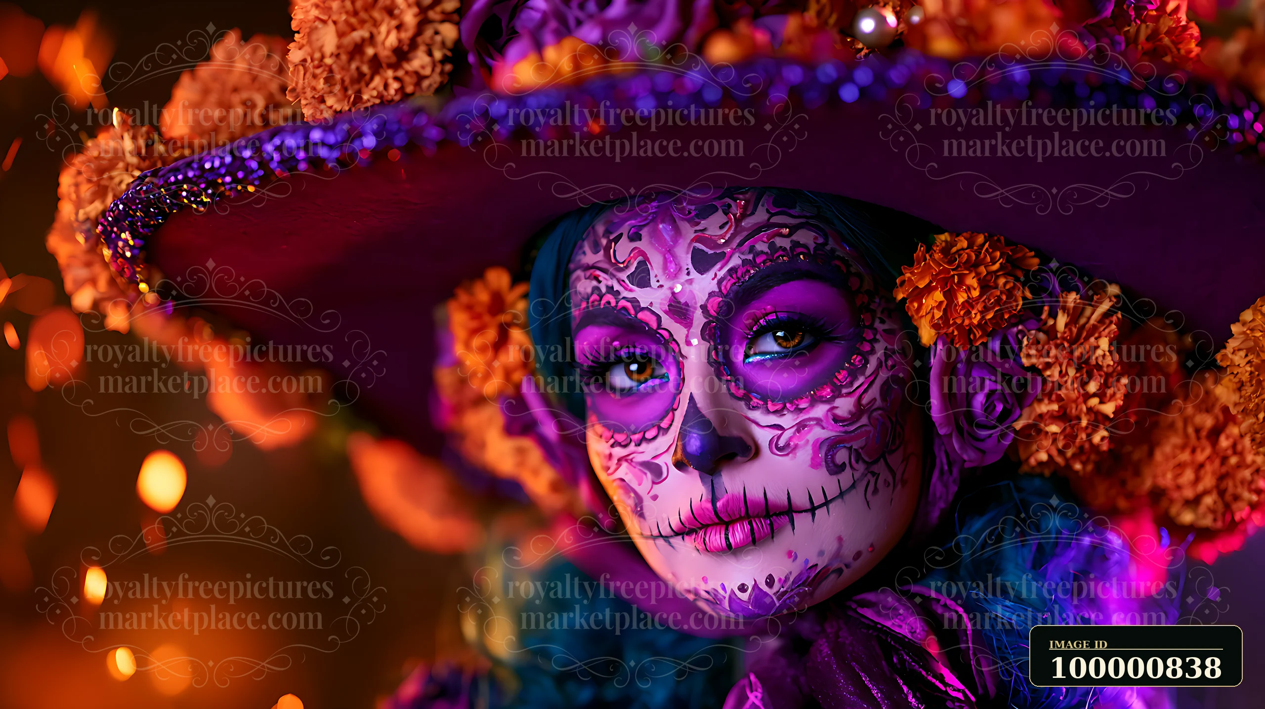A woman celebrates Day of the Dead with vibrant makeup, flowers, and a large hat.