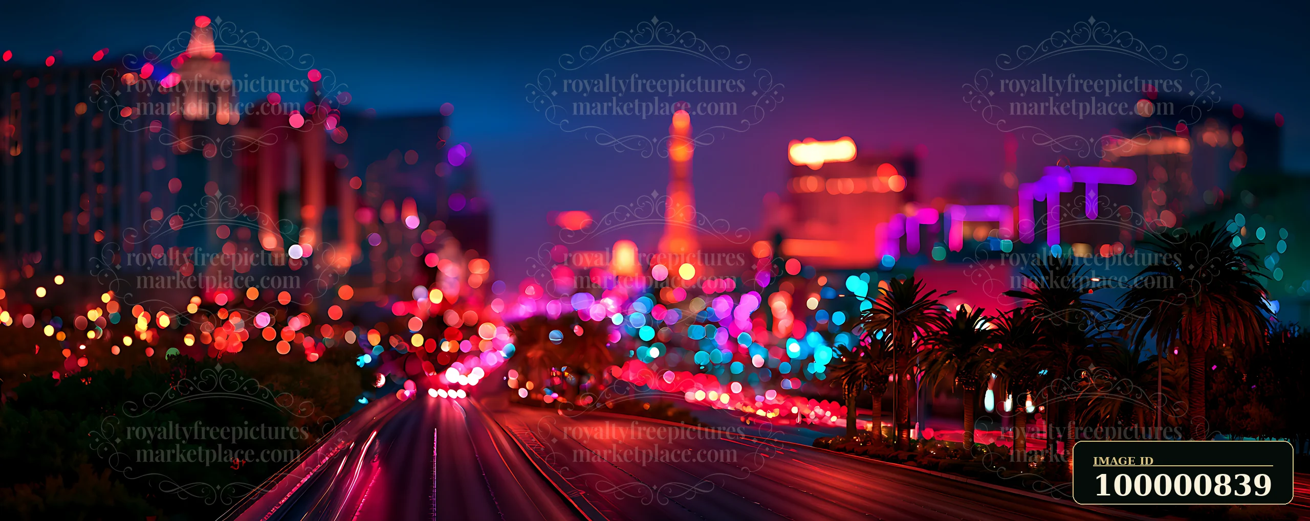 The scene shows the Las Vegas Strip at night with colorful lights and busy traffic.