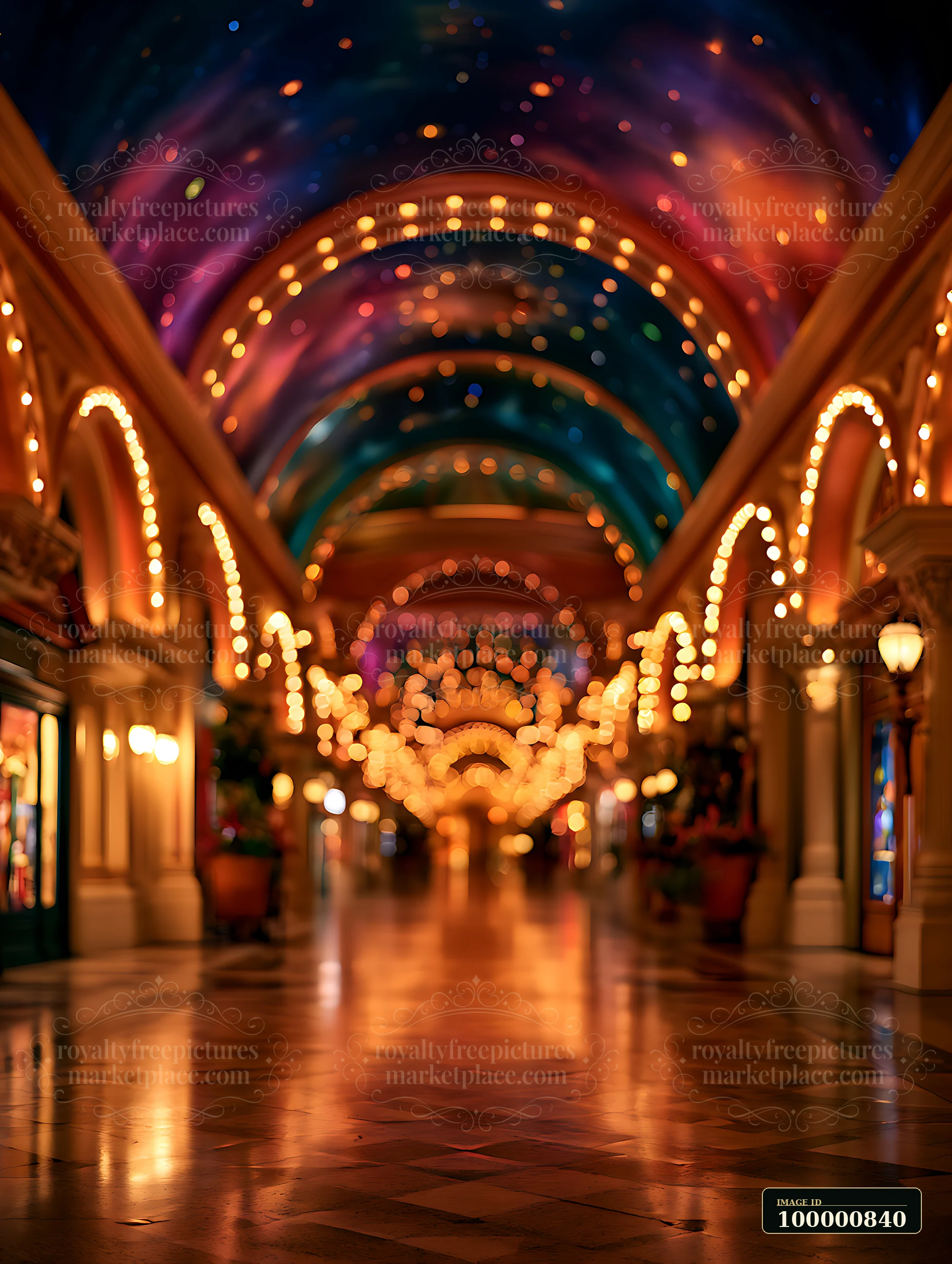 The hallway features a vibrant ceiling design with lights and a smooth floor.