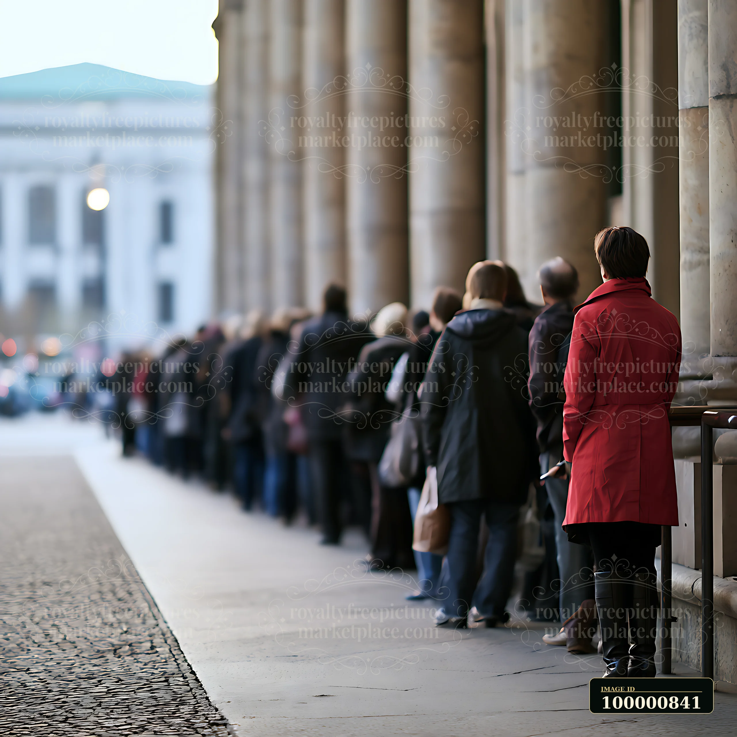 A long line of people waits outside a historic building during late afternoon.
