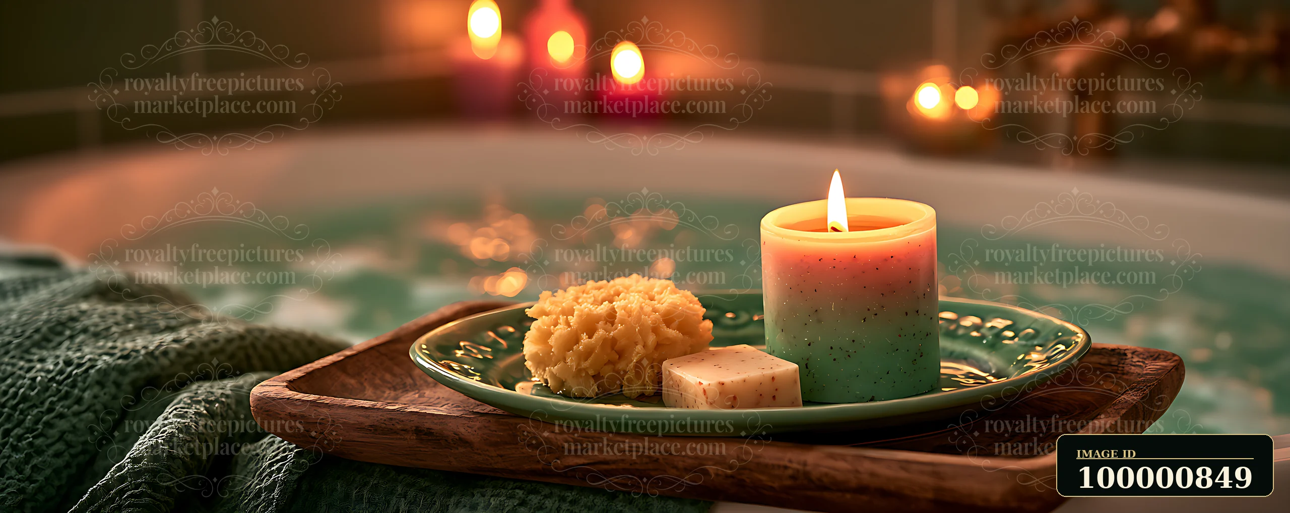 A candle illuminates a wooden tray with natural soaps and a soft bath towel beside a filled bathtub.