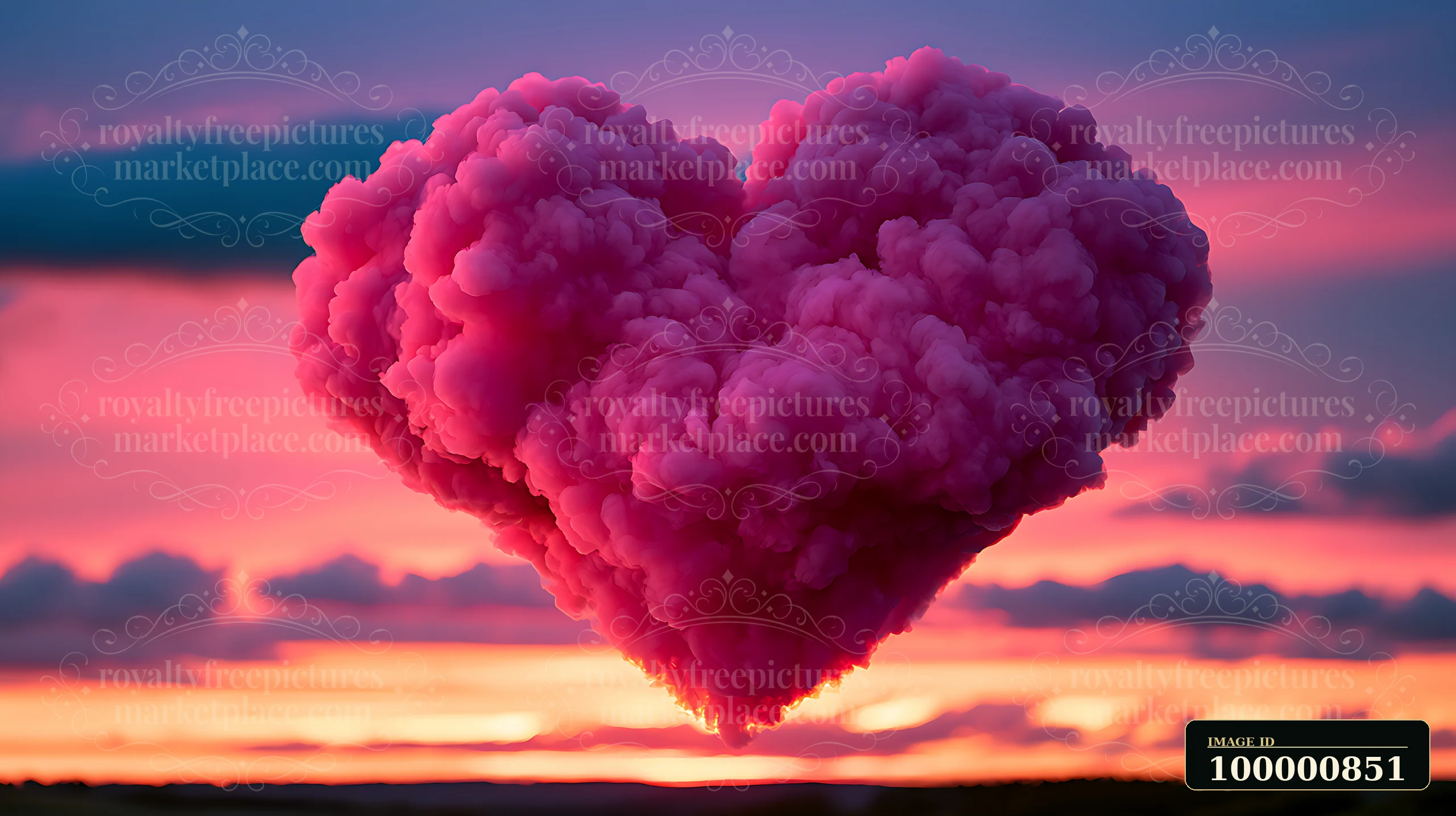 A heart-shaped smoke cloud floats in the sky during sunset, surrounded by vibrant colors.