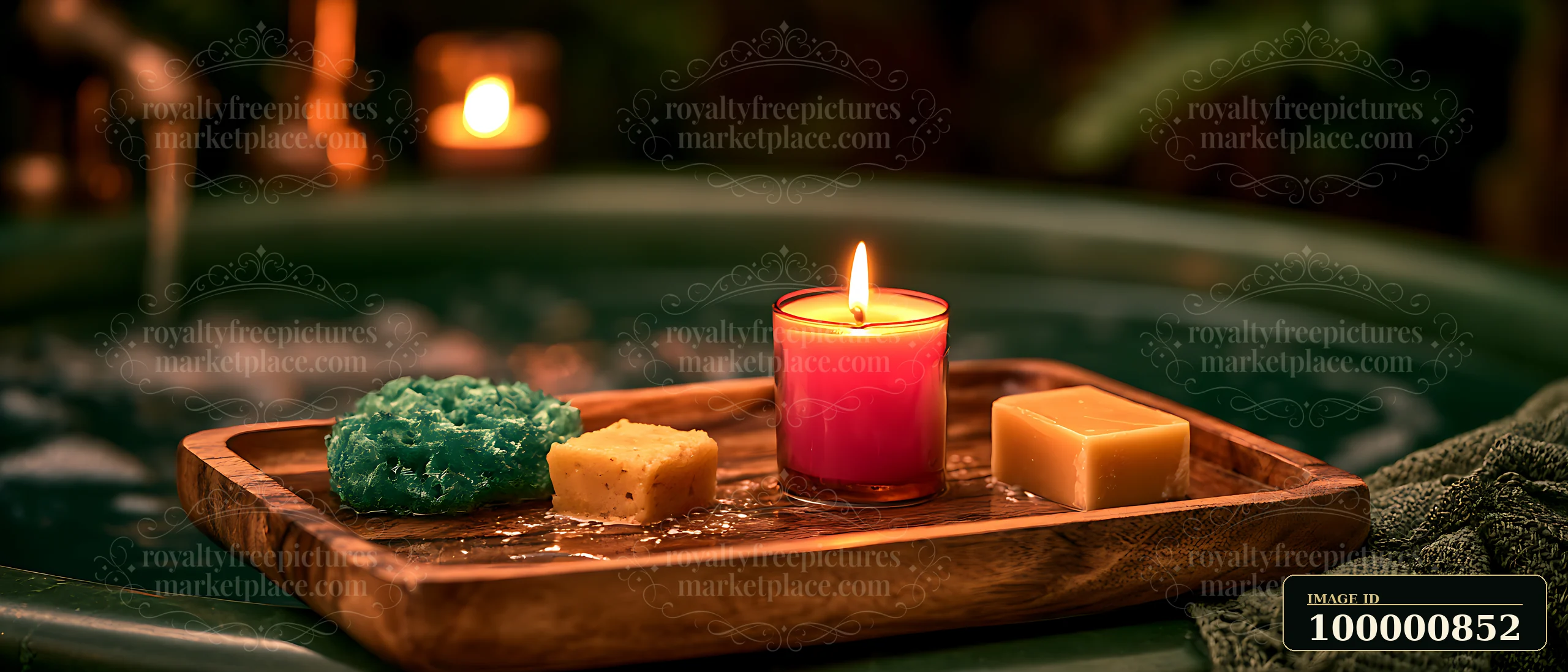 A wooden tray holds a lit candle, colorful bath products, and a soft towel, placed beside a spa tub.