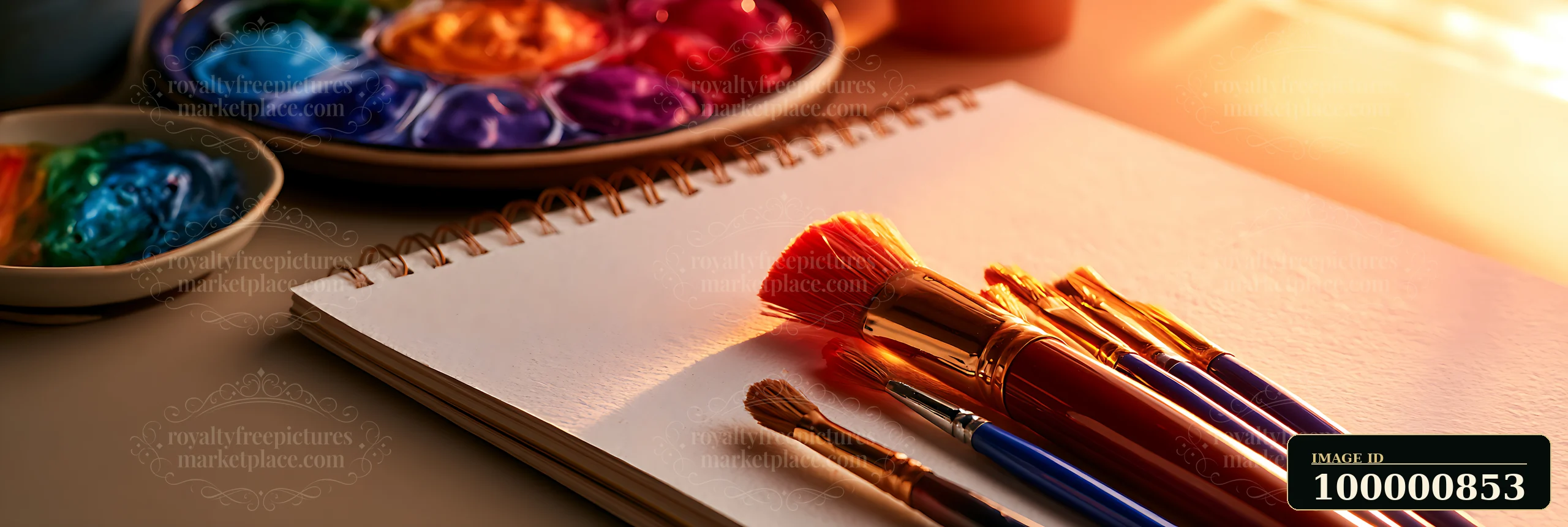 A selection of paintbrushes rests on a sketchbook next to a palette filled with vibrant colors.