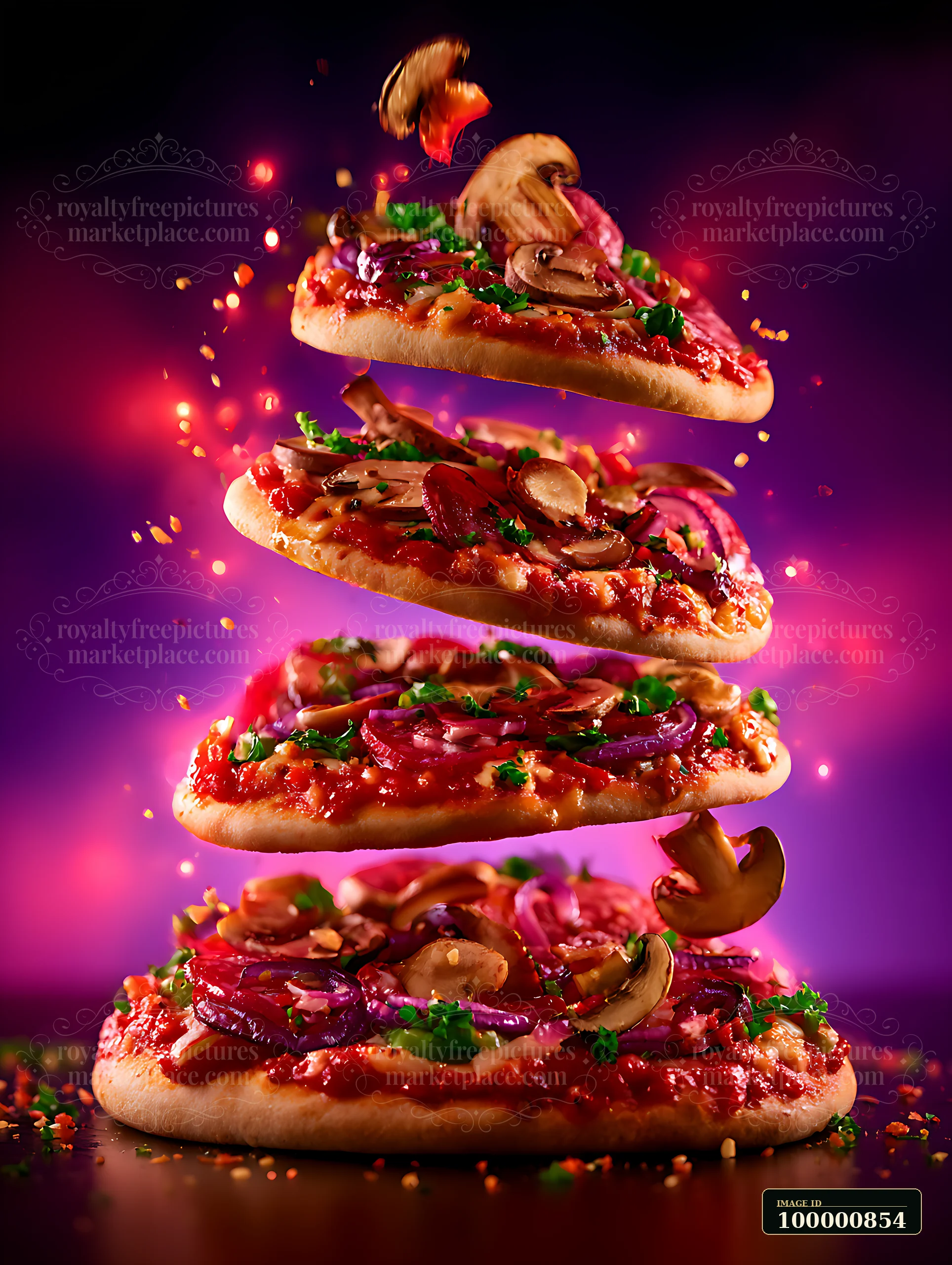 Three pizzas with pepperoni and mushroom toppings are suspended in mid-air against a vibrant, colorful background.