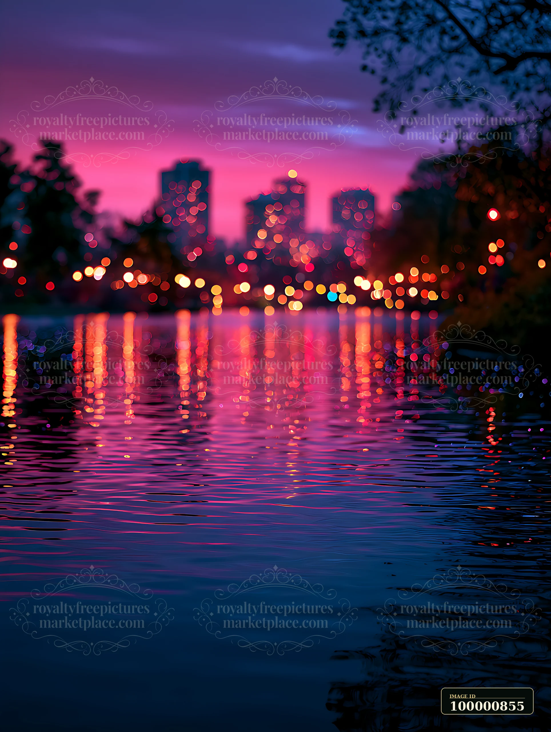 Purple and pink hues fill the sky as city lights illuminate a waterfront scene.