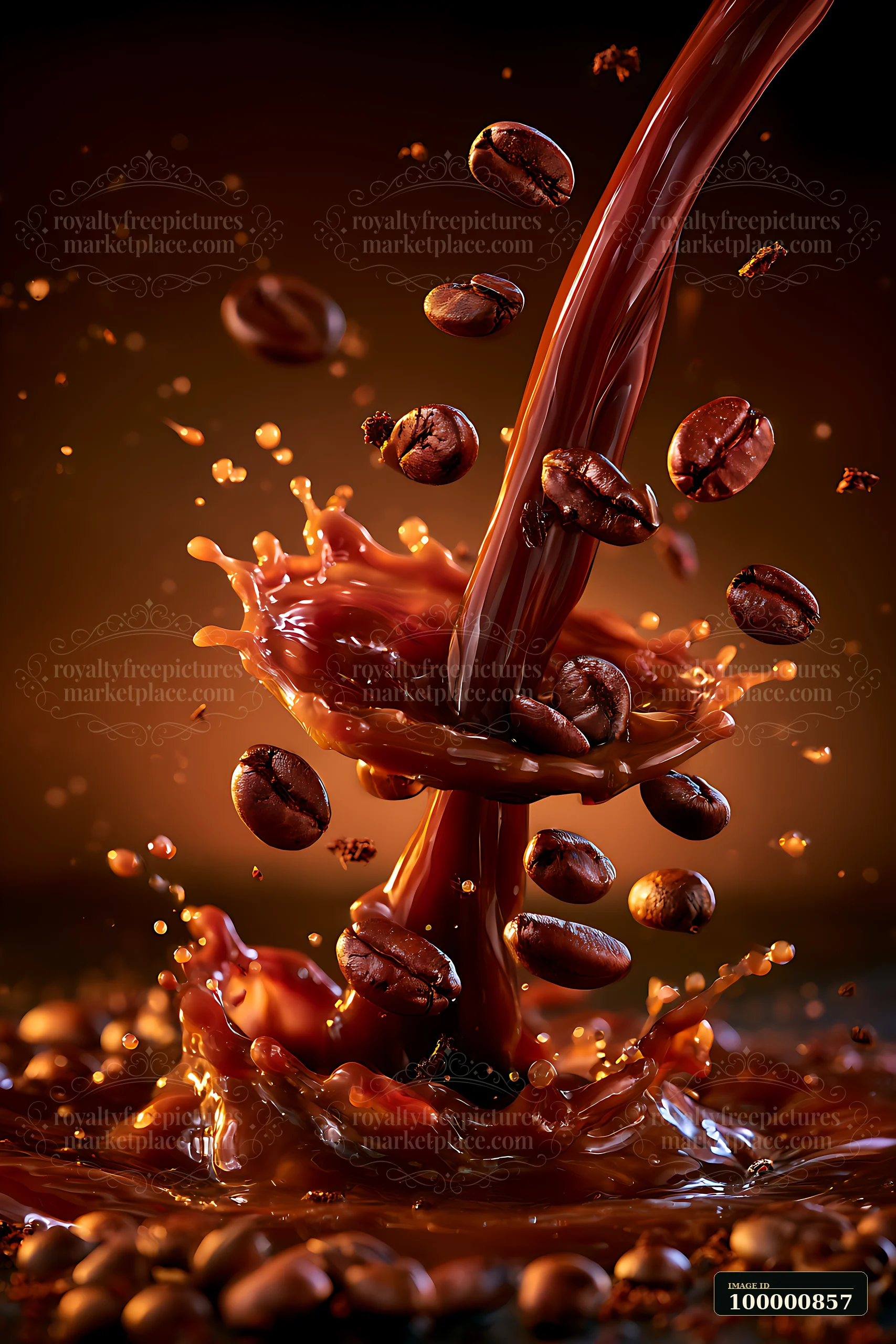 A stream of rich chocolate flows and splashes into a pool, sending coffee beans flying.