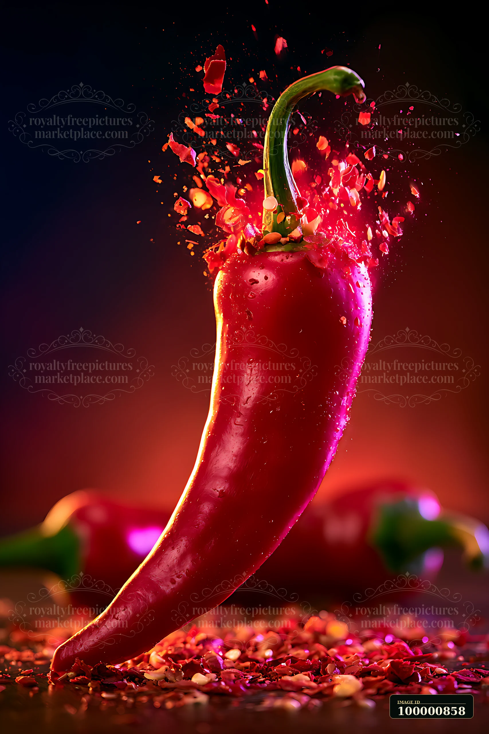 A whole red chili pepper explodes into small pieces, releasing spice in a dramatic way.
