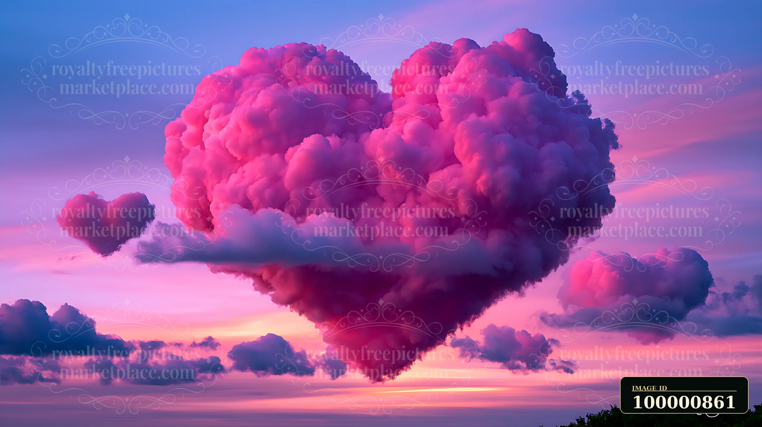 A large heart-shaped cloud in pink shades floats in the sky at sunset, with smaller clouds surrounding it.