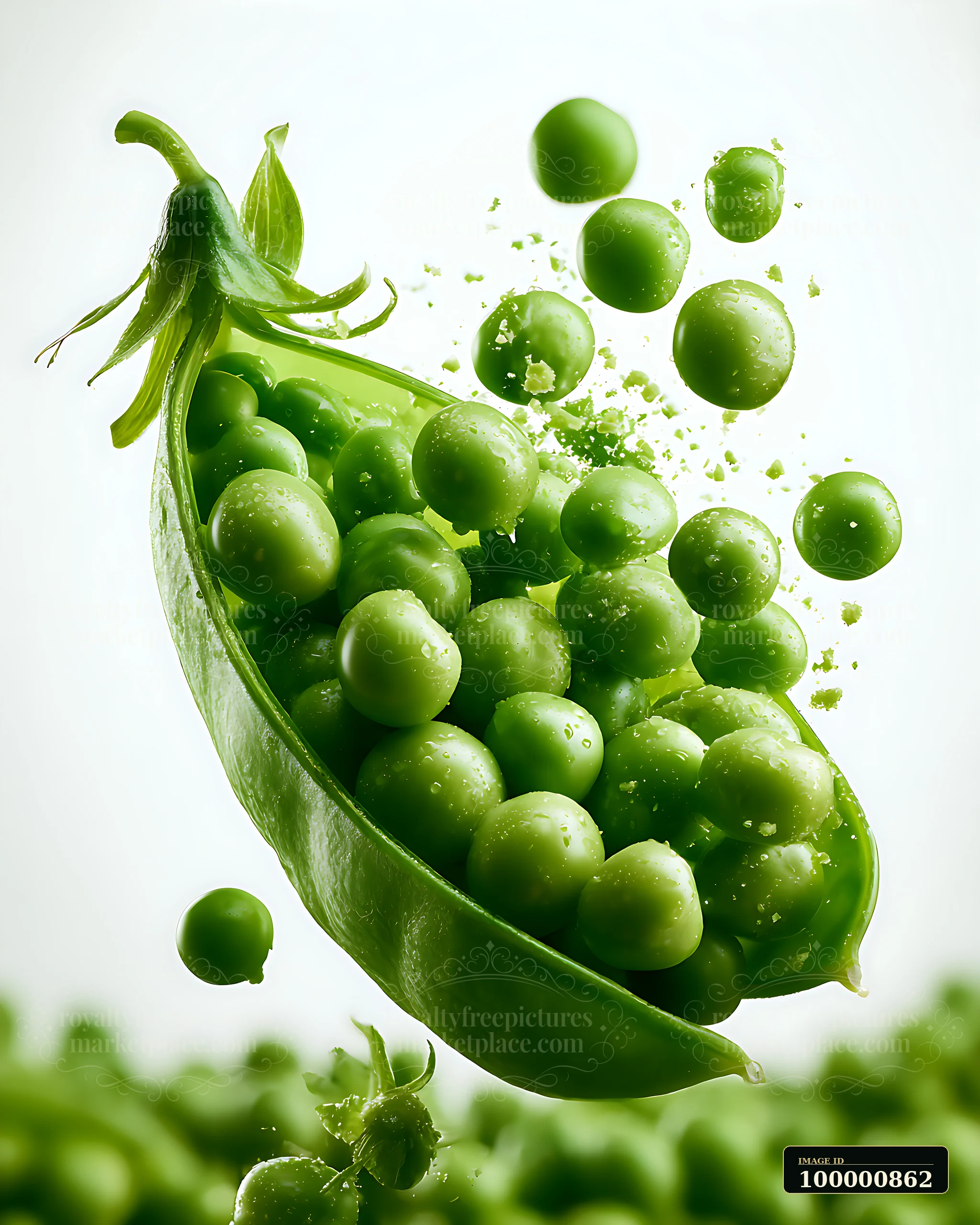 A green pea pod is open, showing the fresh peas inside, while several peas float nearby.