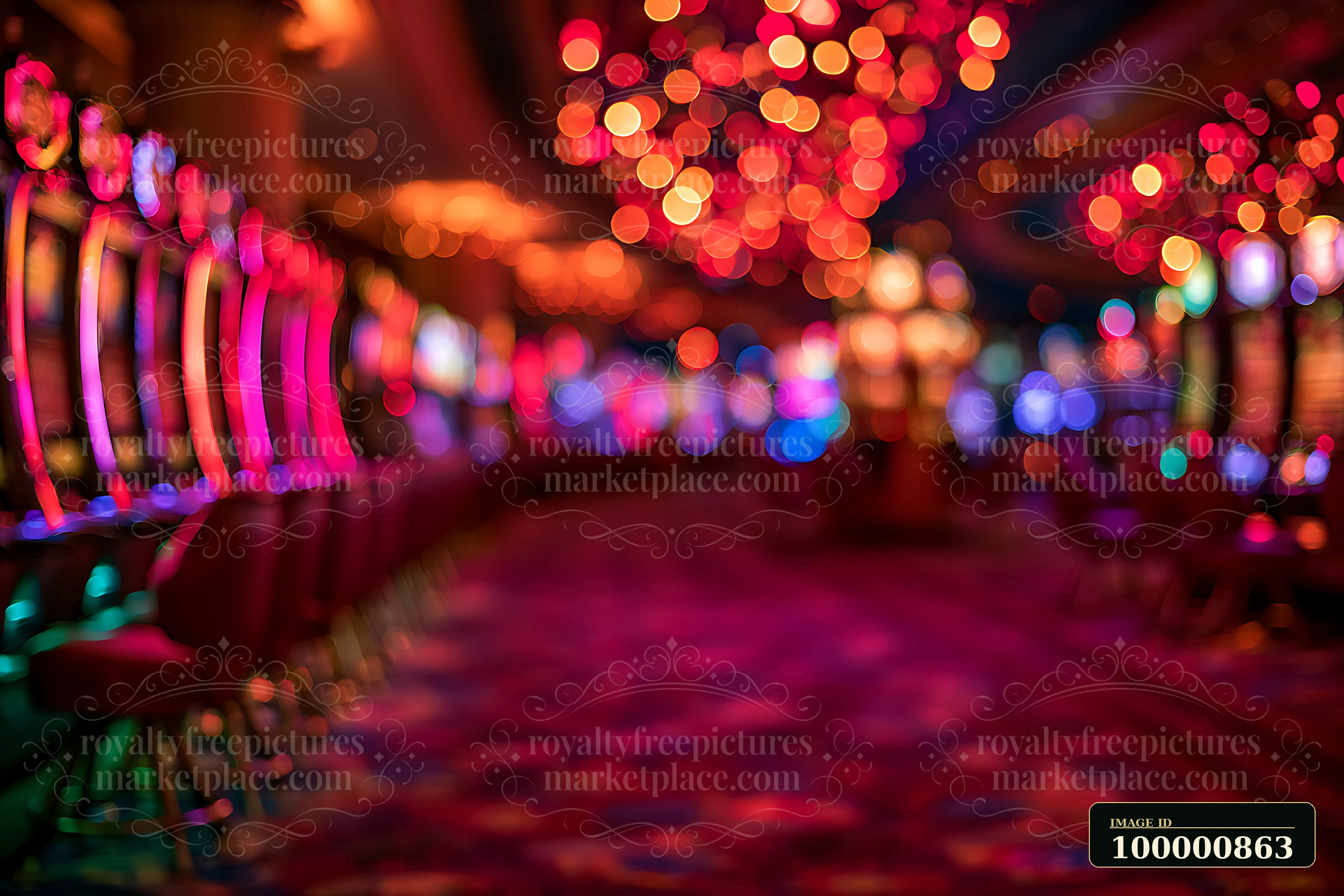 Bright slot machines line the aisle in a casino, featuring various lights and patterns.