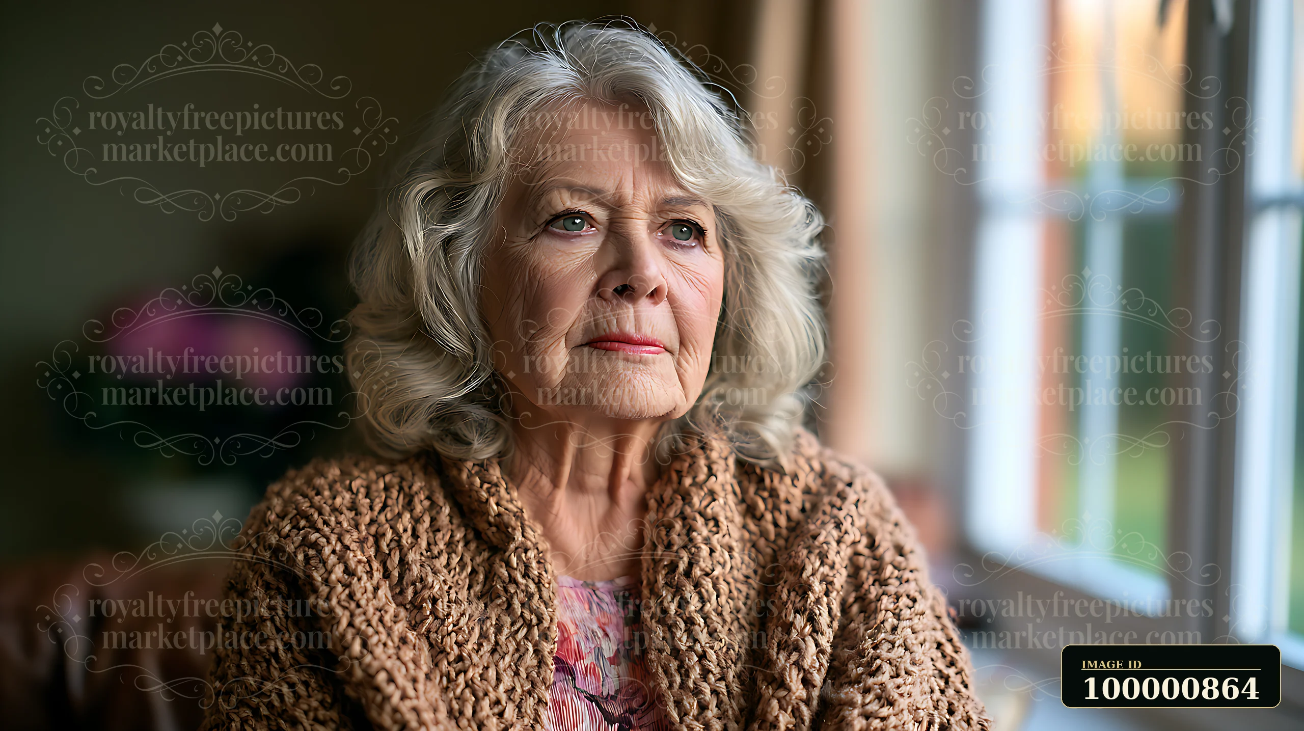 An elderly woman sits by a window, looking thoughtfully into the distance.