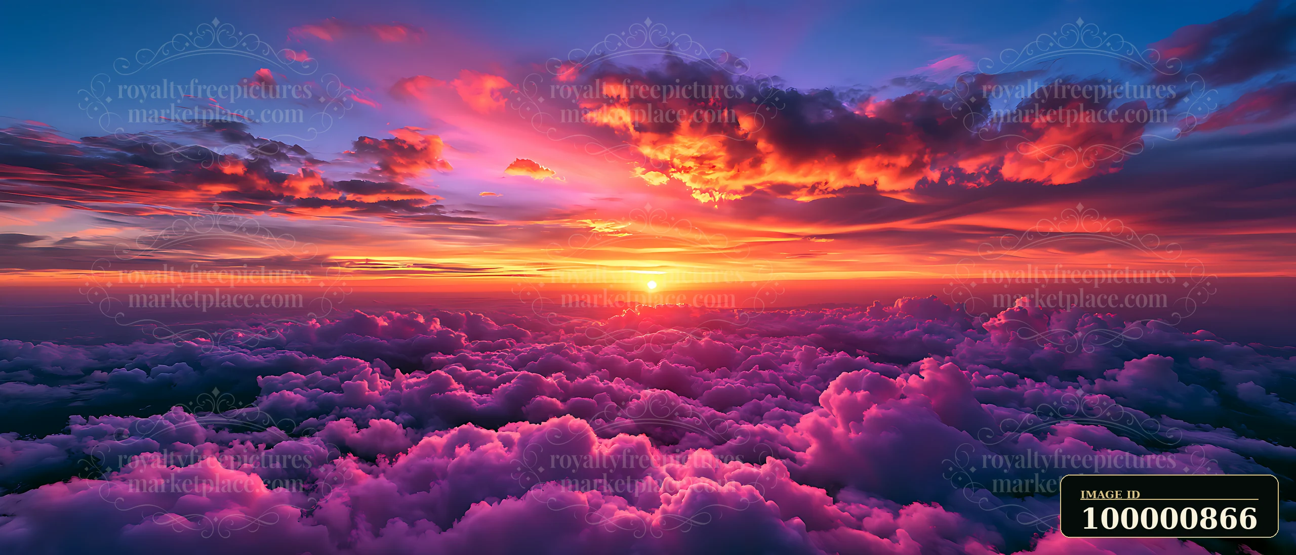 The scene shows a vibrant sunset casting orange and pink hues across a sky filled with clouds.