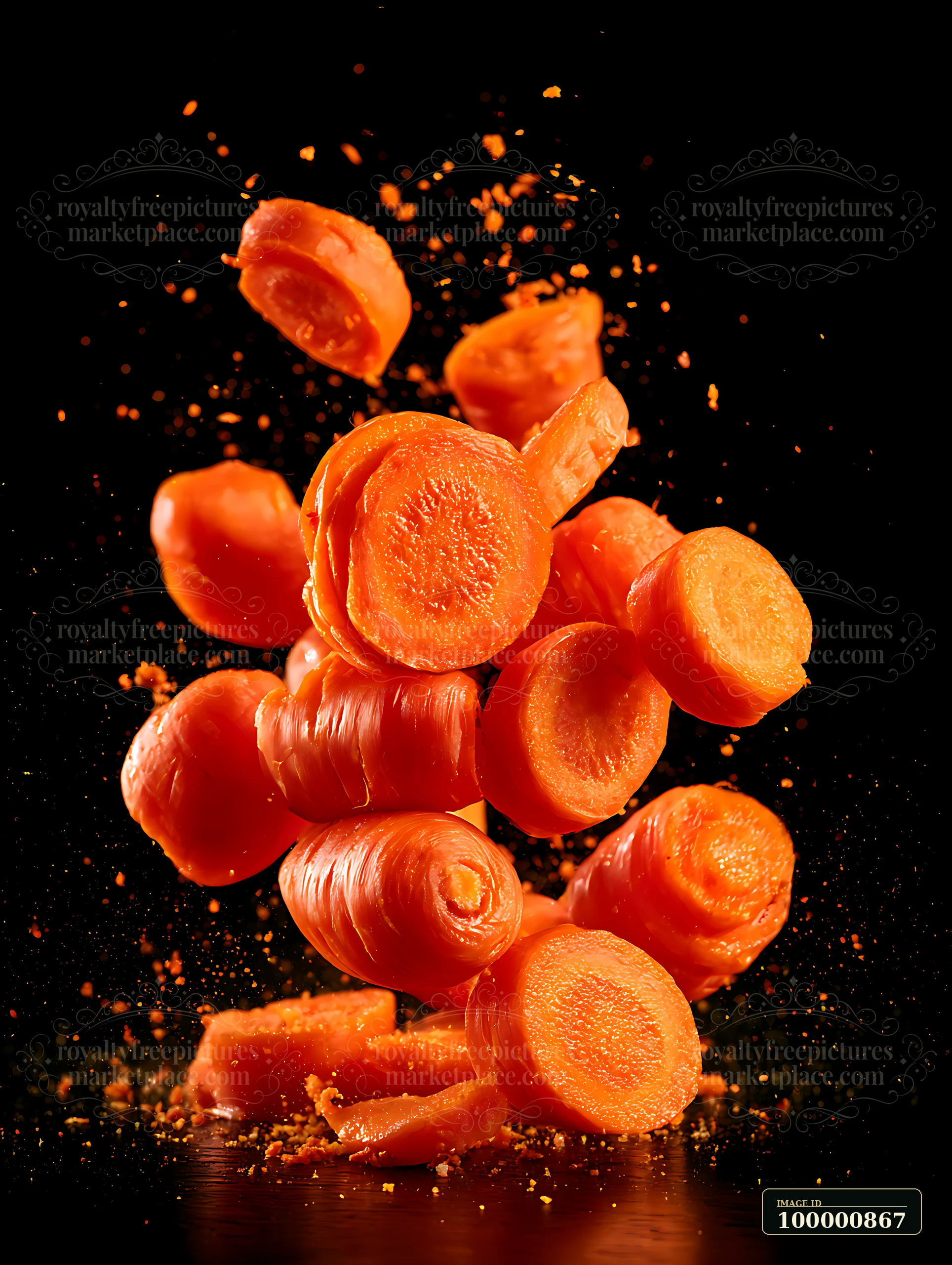 Sliced carrots are suspended in mid-air, creating a dynamic scene against a black background.