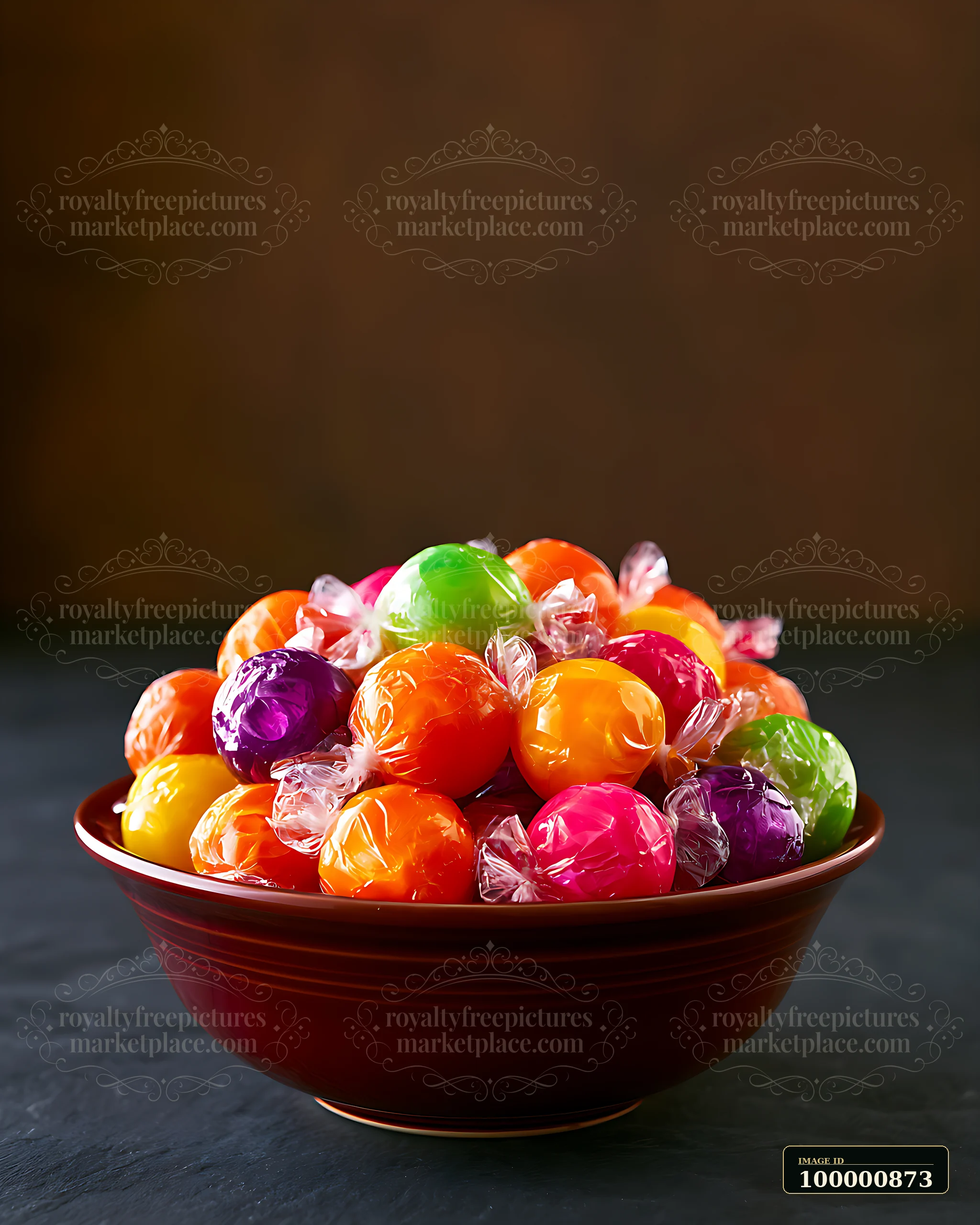 A bowl contains a variety of colorful wrapped candies in different shapes.