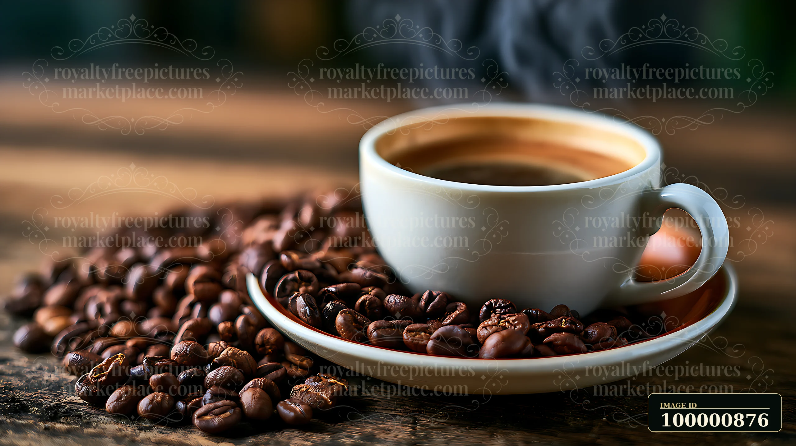 A steaming cup of coffee sits on a wooden table surrounded by scattered roasted coffee beans.