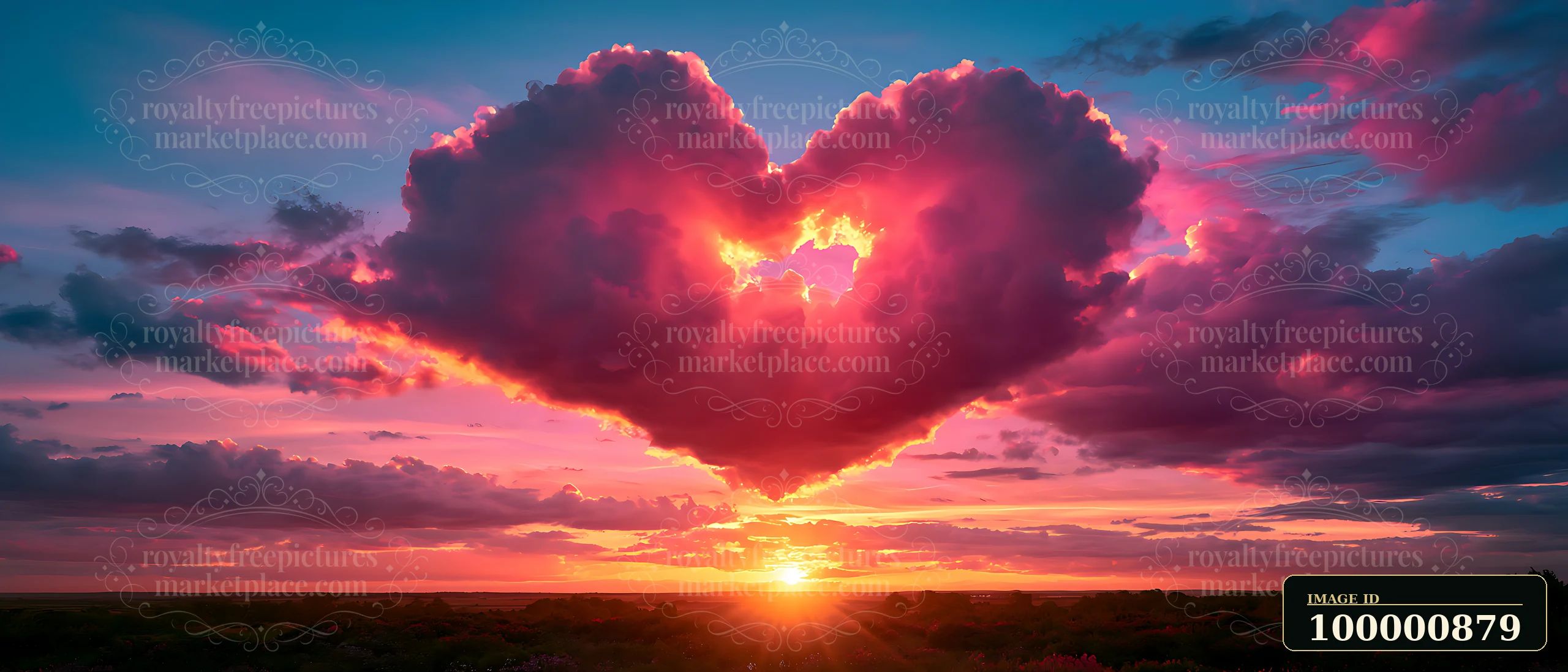 A heart shape formed by clouds appears in the sky as the sun sets, casting vibrant colors across the horizon.