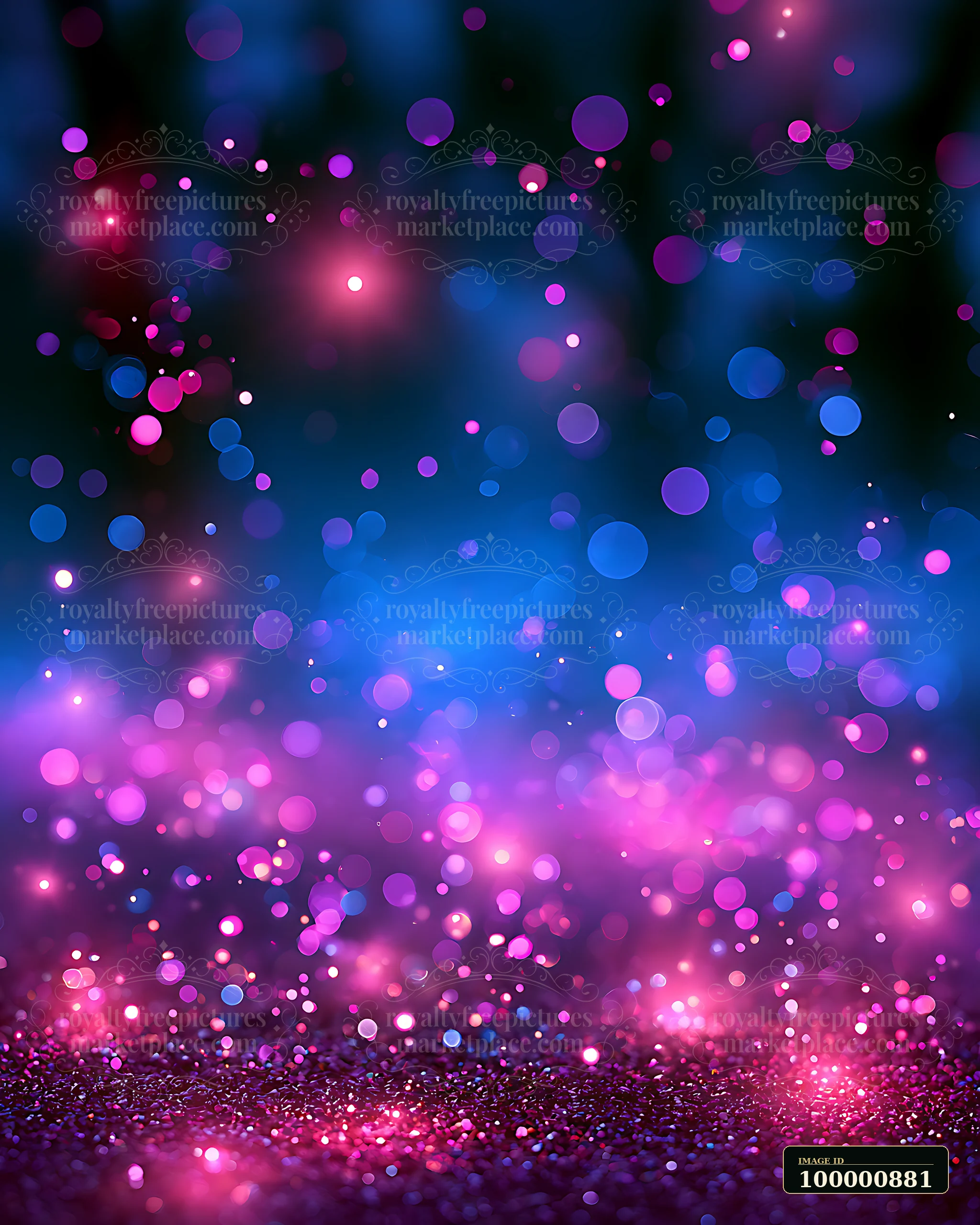 A collection of blurred bokeh lights in shades of blue and pink creates a colorful backdrop.