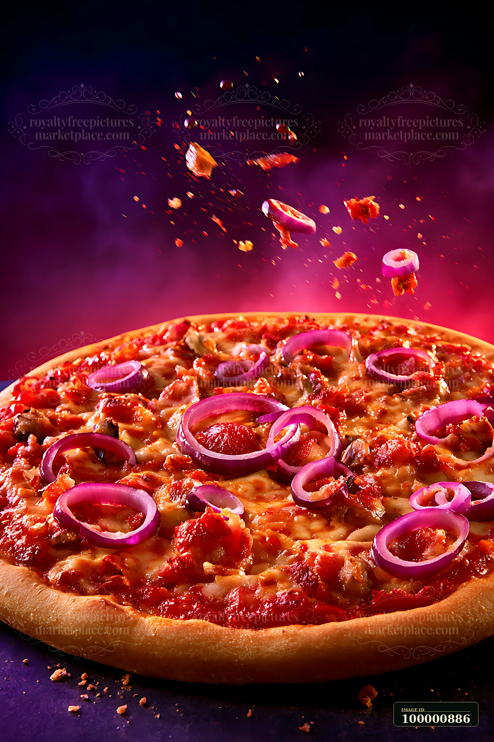 A round pizza is topped with slices of red onion and meat.