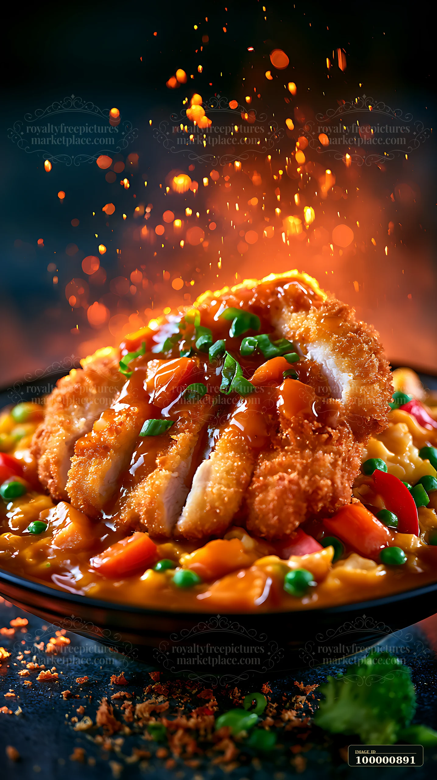 Crispy chicken is served on a bed of colorful stir-fried vegetables, featuring a glossy sauce and garnished with green onions.