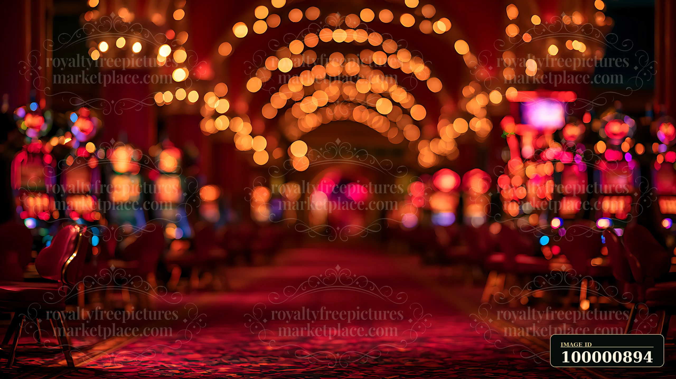 The image shows a bustling corridor in a casino filled with slot machines and bright lights.